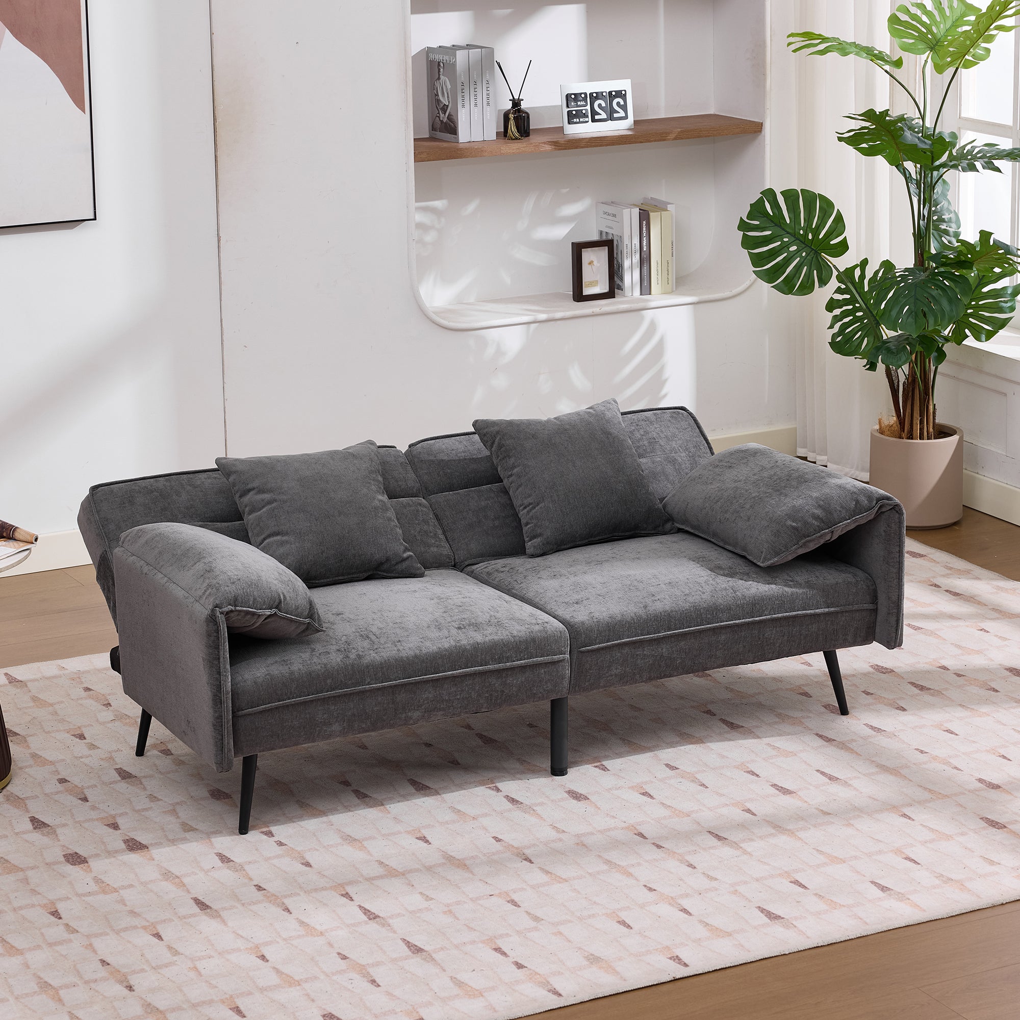 Sofa dwuosobowa z funkcją spania Click-Clack i 3-stopniową regulacją oparcia (100°–180°) – 167,5 x 73 x 70 cm – tkanina Chenille – szara