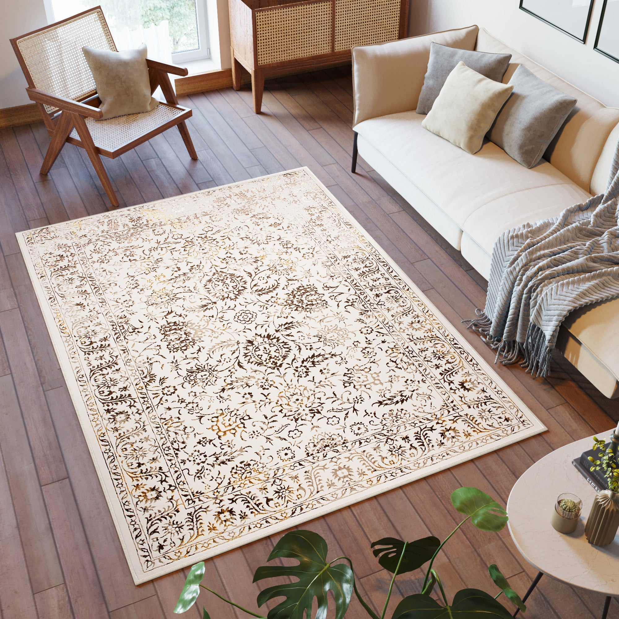 Tapiso golden alfombra de salón habitación clásico tradicional vintage beige marrón chocolate dorado pelo corto suave 140 x 200 cm