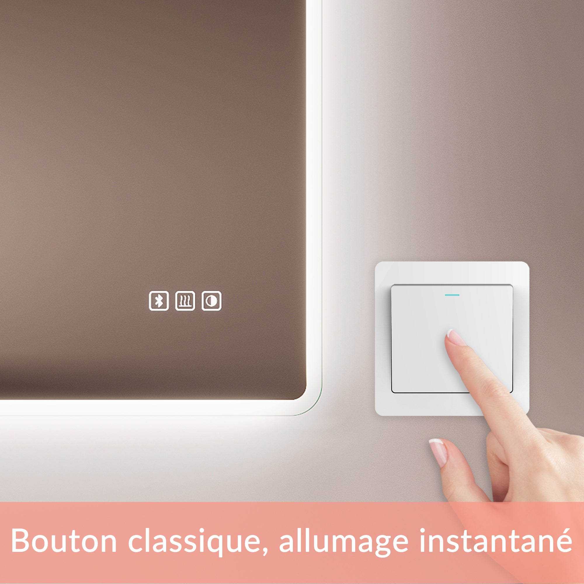 SIRHONA Miroir de Salle de Bain 120x70cm, Bluetooth,&nbsp;Anti-Buée Centrale, Lumière Bleue/Violette/Blanche, Prise Intégrée, Verre 5mm, Cadre Aluminium - 7