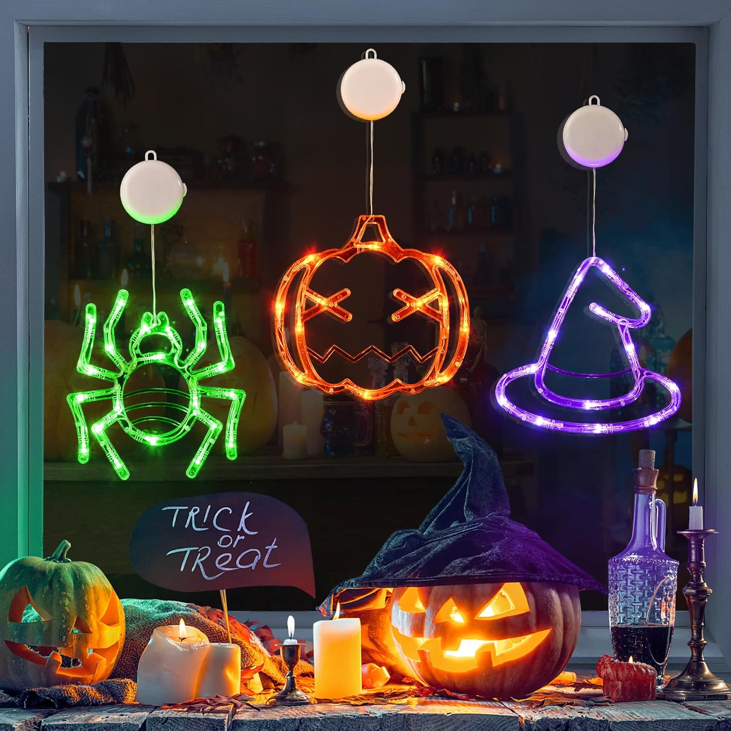 Dekoracje okienne na Halloween, zestaw 3 lampek okiennych, funkcja timera z efektem powolnego zanikania, wewnętrzne lampki okienne na Halloween