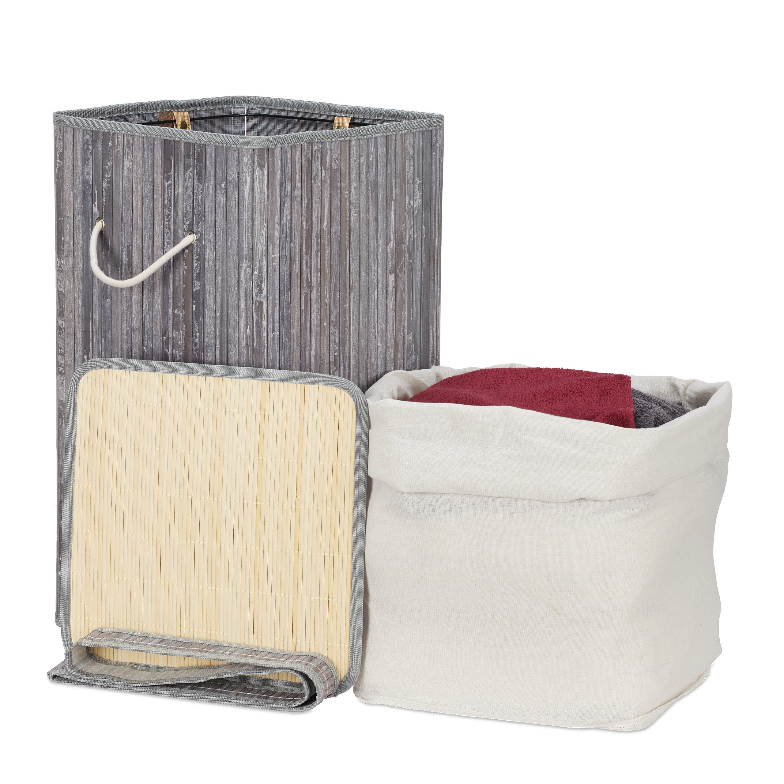 Corbeille à linge pliable, Bambou, avec anse, 70 litres, couvercle, HxlxP 63 x 36 x 36 cm, gris, Relaxdays - 8