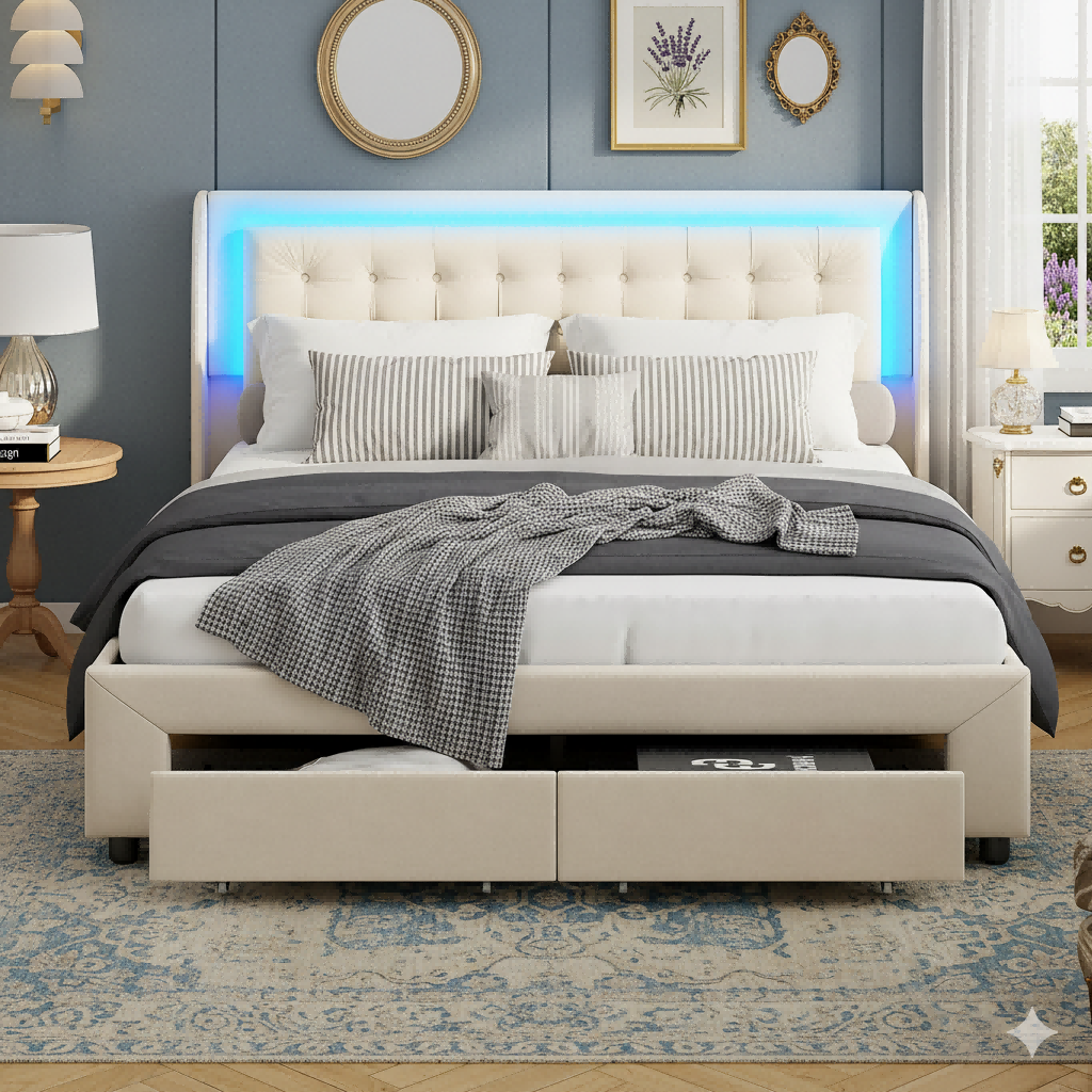 Lit coffre 160x200cm avec 2 tiroirs - lit double avec sommier à lattes et tête de lit LED - moderne et classique - velours beige - 2