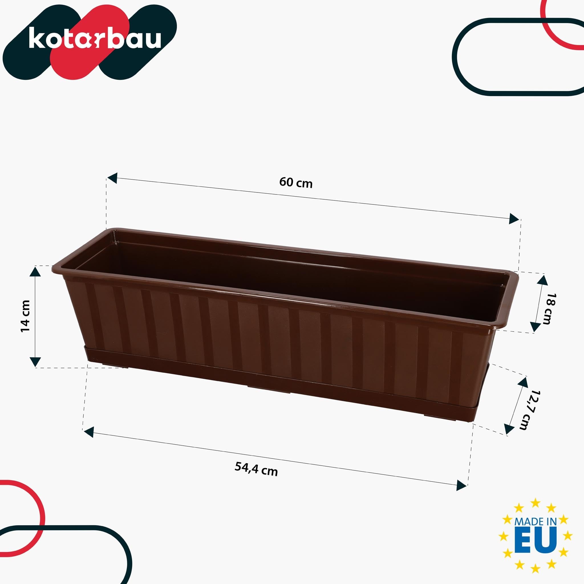 Fioriera da Esterno - PVC - 60 x 18 x 14 cm - Marrone - Vaso Rettangolare con Sottovaso - Vasi Per Piante da Esterno - Fioriere da Bal KOTARBAU - 3