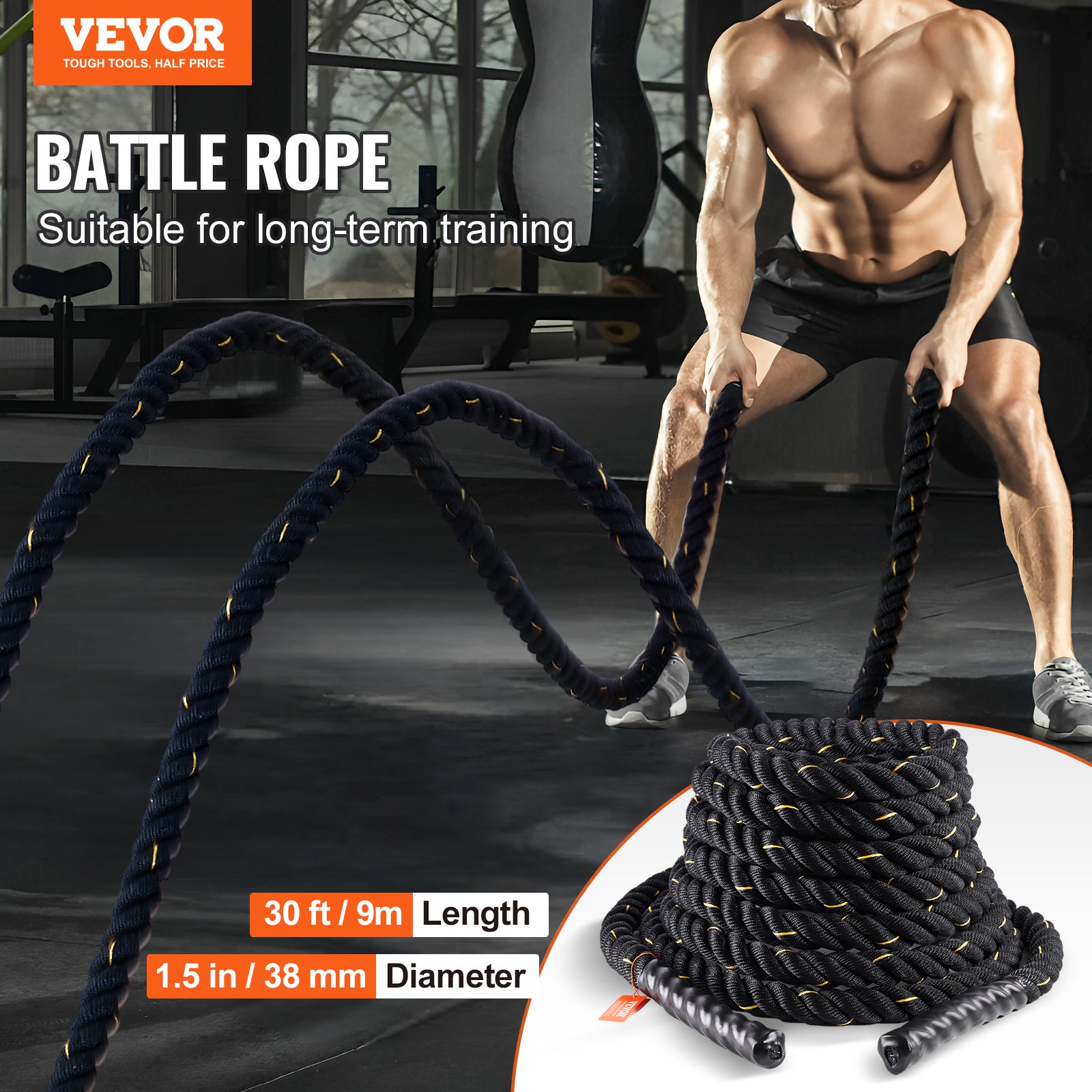 Corda Battle Rope Per Fitness: 2,8 M, Diametro 25 Mm, Nera, Con Impugnature Antiscivolo, Per Allenamenti Cardio E Forza A Casa O In Palestra