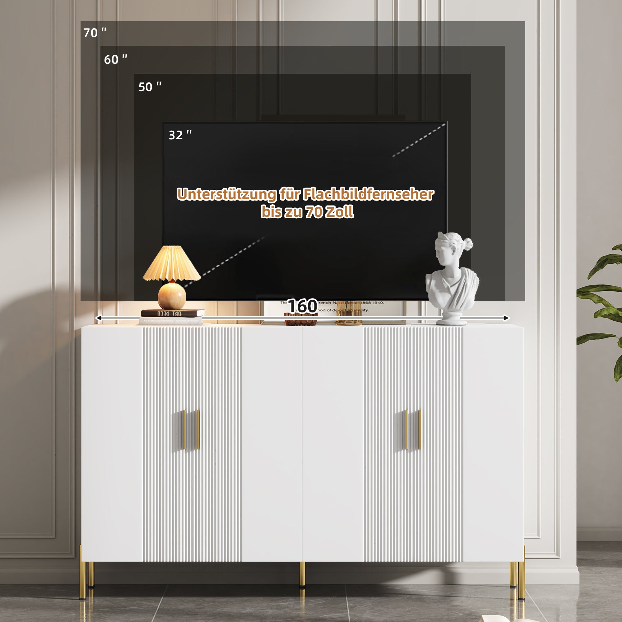 Buffet moderne avec 4 portes - 160 x 36.5 x 100 cm - Panneaux de particules - pour salle à manger - Blanc - 7