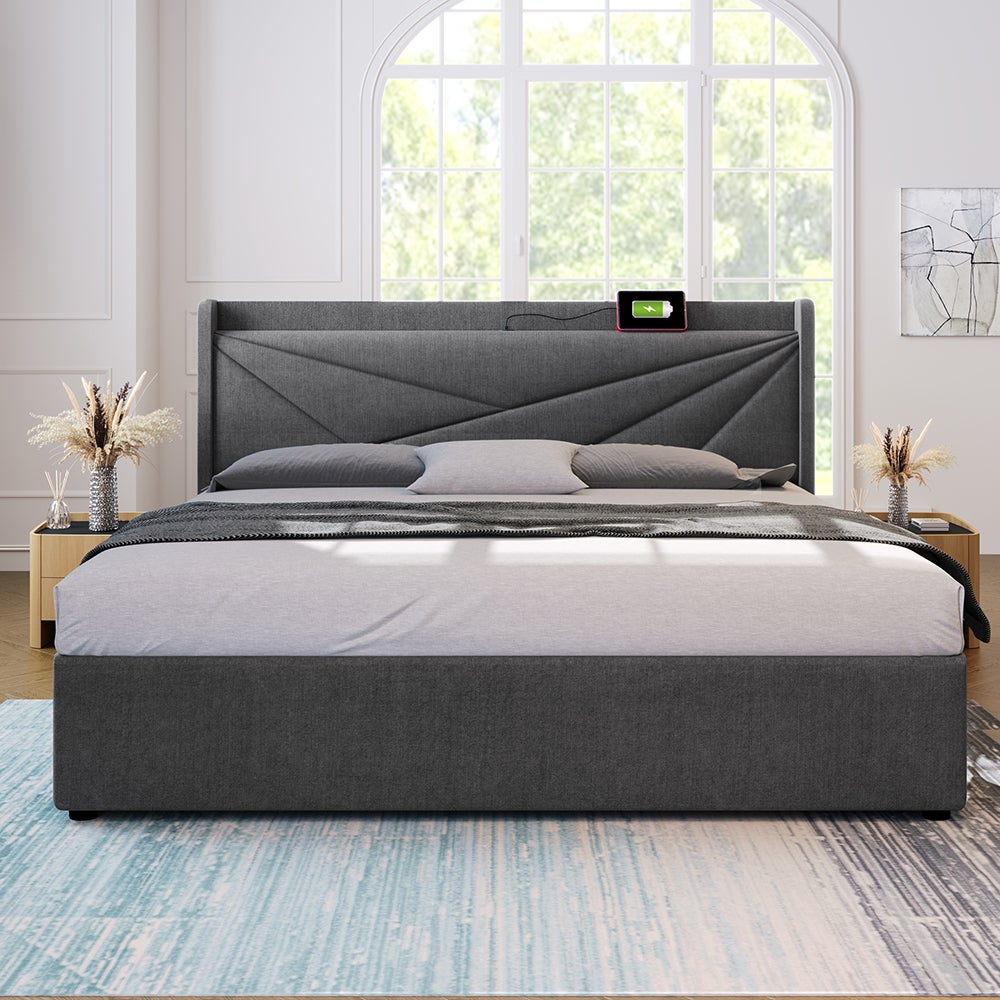 Lit coffre Lit double rembourré Lit de rangement Tête de lit avec fonction de chargement USB Cadre de lit en lin Lit 160x200 cm Gris - 4
