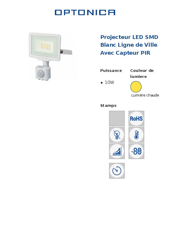 Projecteur LED SMD 10W - Blanc Chaud - 800lm - IP65 - Capteur PIR - 7
