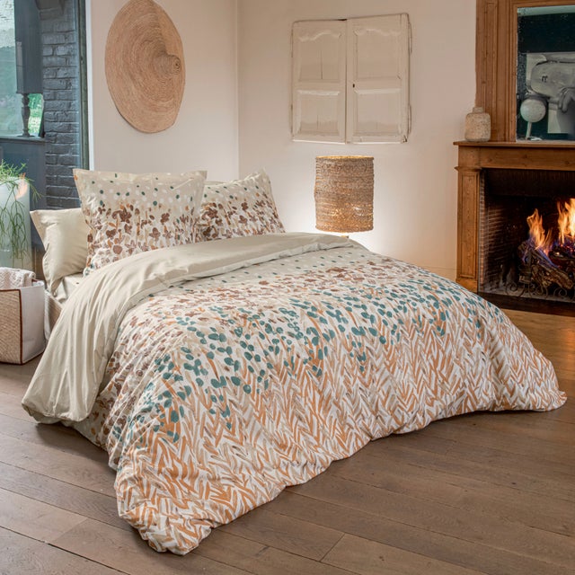 Parure de lit 2 pièces coton floral housse + taie - Beige - 140x200 cm - Coton
