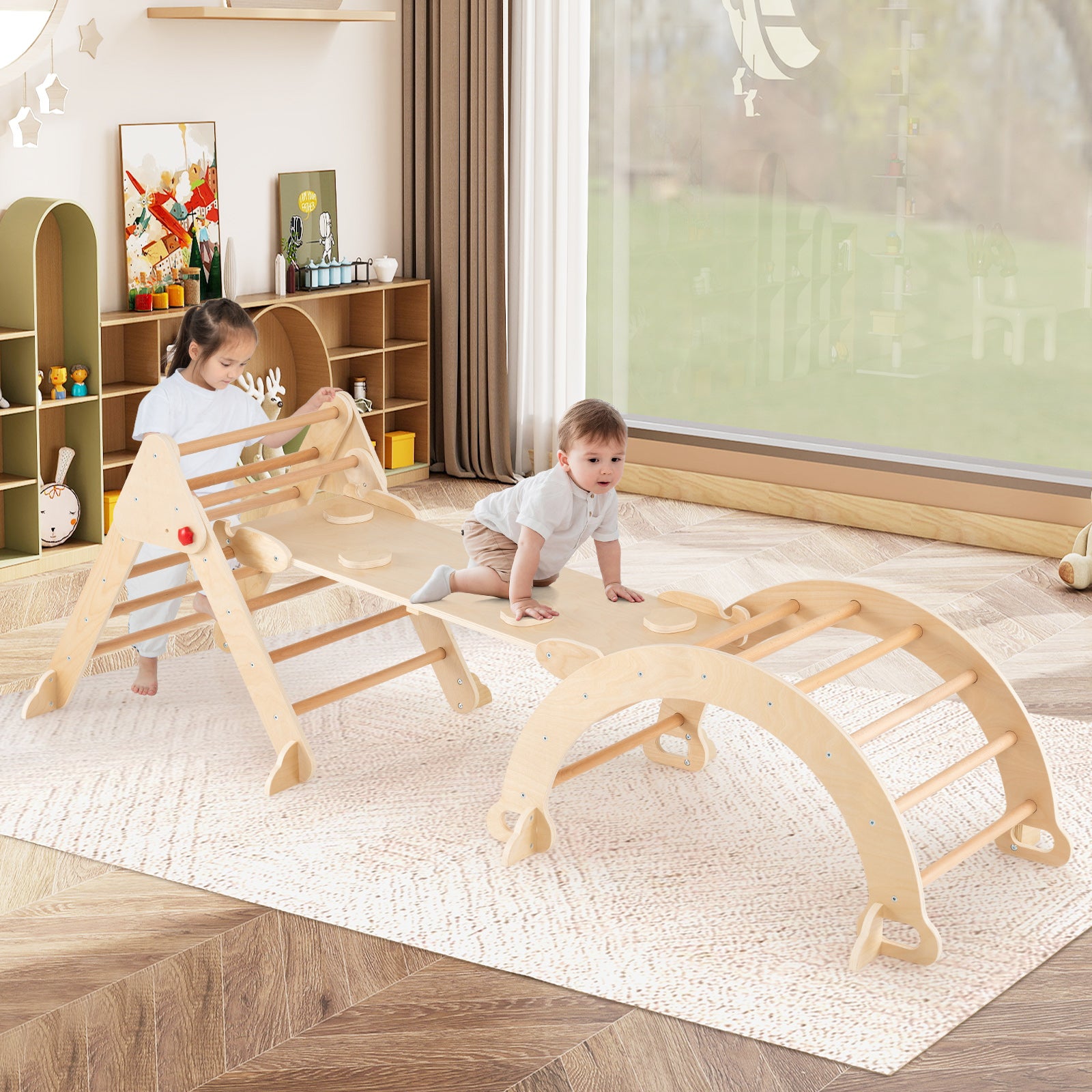 7 en 1 Triangle Arche Montessori, Arche d'escalade Enfants avec Toboggan Bois,Rampe, Échelle Réglable, Parcours Motricité Bois Montessori - 3