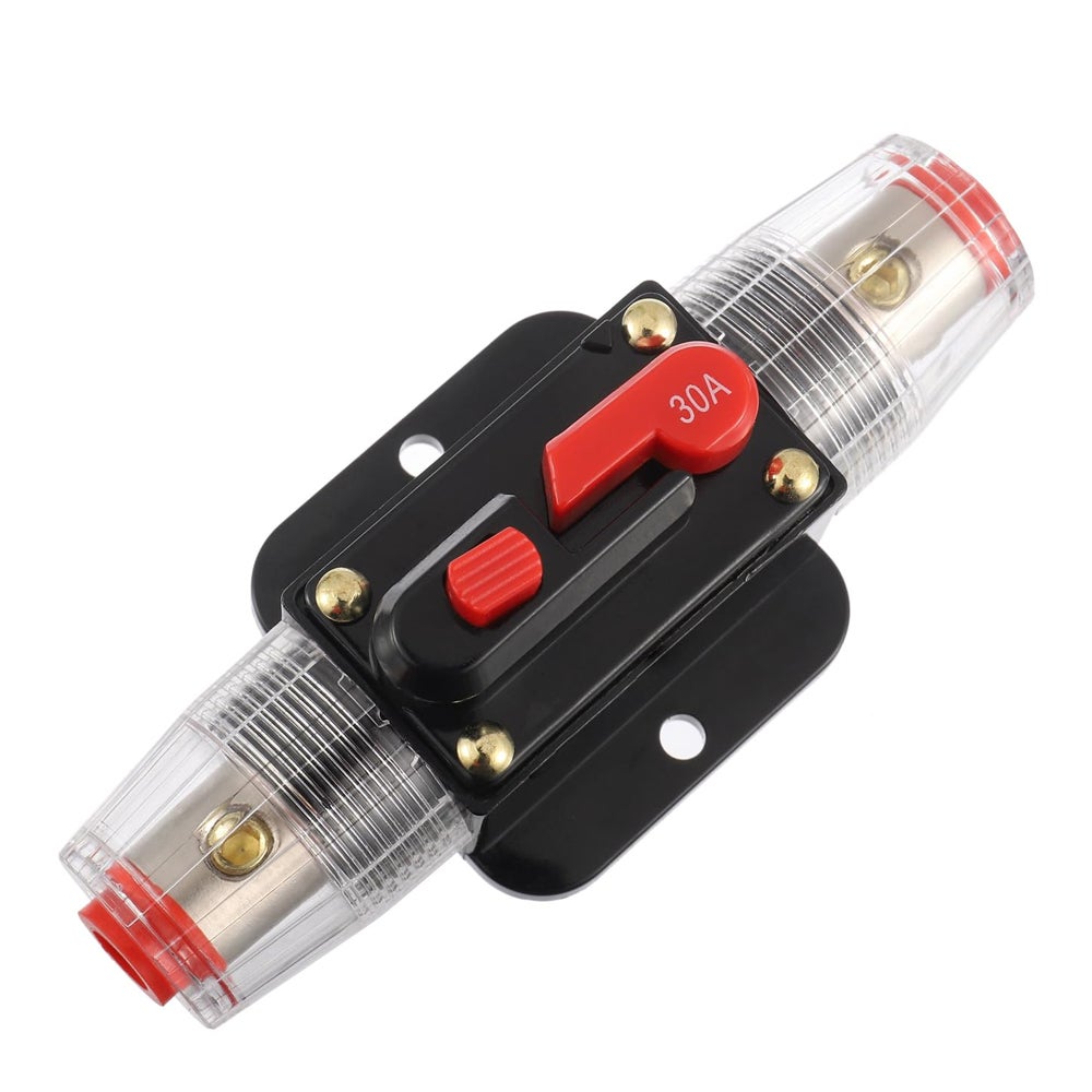 Wyłącznik 30A, bezpiecznik 30 AMP, wbudowany uchwyt bezpiecznika, 12V-50V DC, ręczny przycisk resetowania do systemu wzmacniacza dźwięku audio