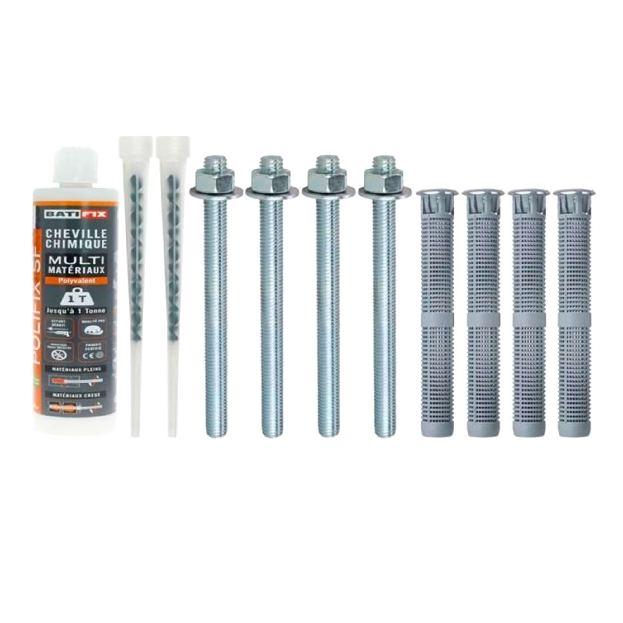 Kit scellement chimique Universel 165ML - 4 Tamis 15X130 - 4 tiges filetées 10X160 - 4 Ecrous - 4 Rondelles - 2 canules - 2