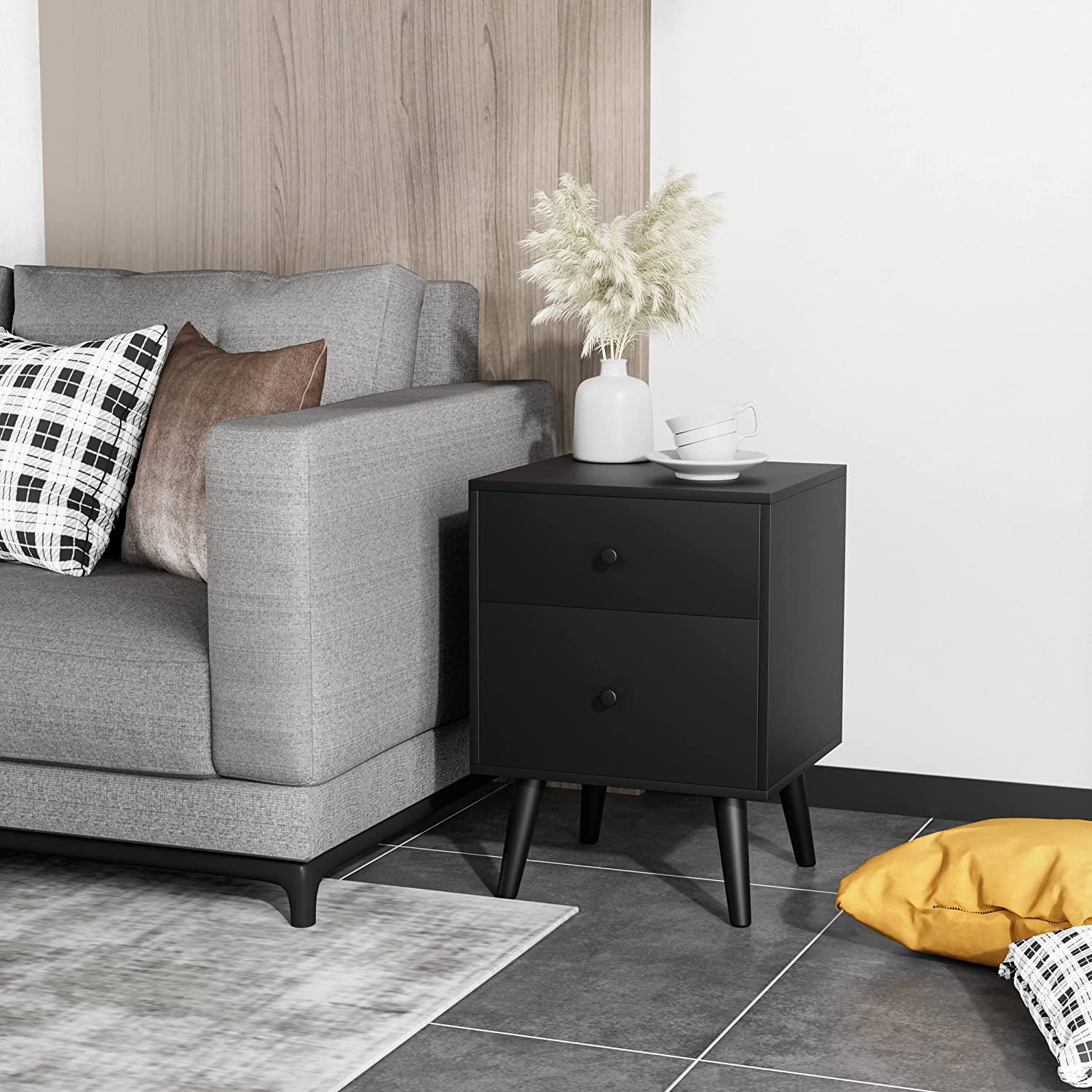 Comodino 45 x 40 x 62 cm per Camera da Letto con 2 Cassetti, Tavolino Moderno da Salotto con Solide Gambe in legno di Gomma, Mobile Salvaspazi - 2