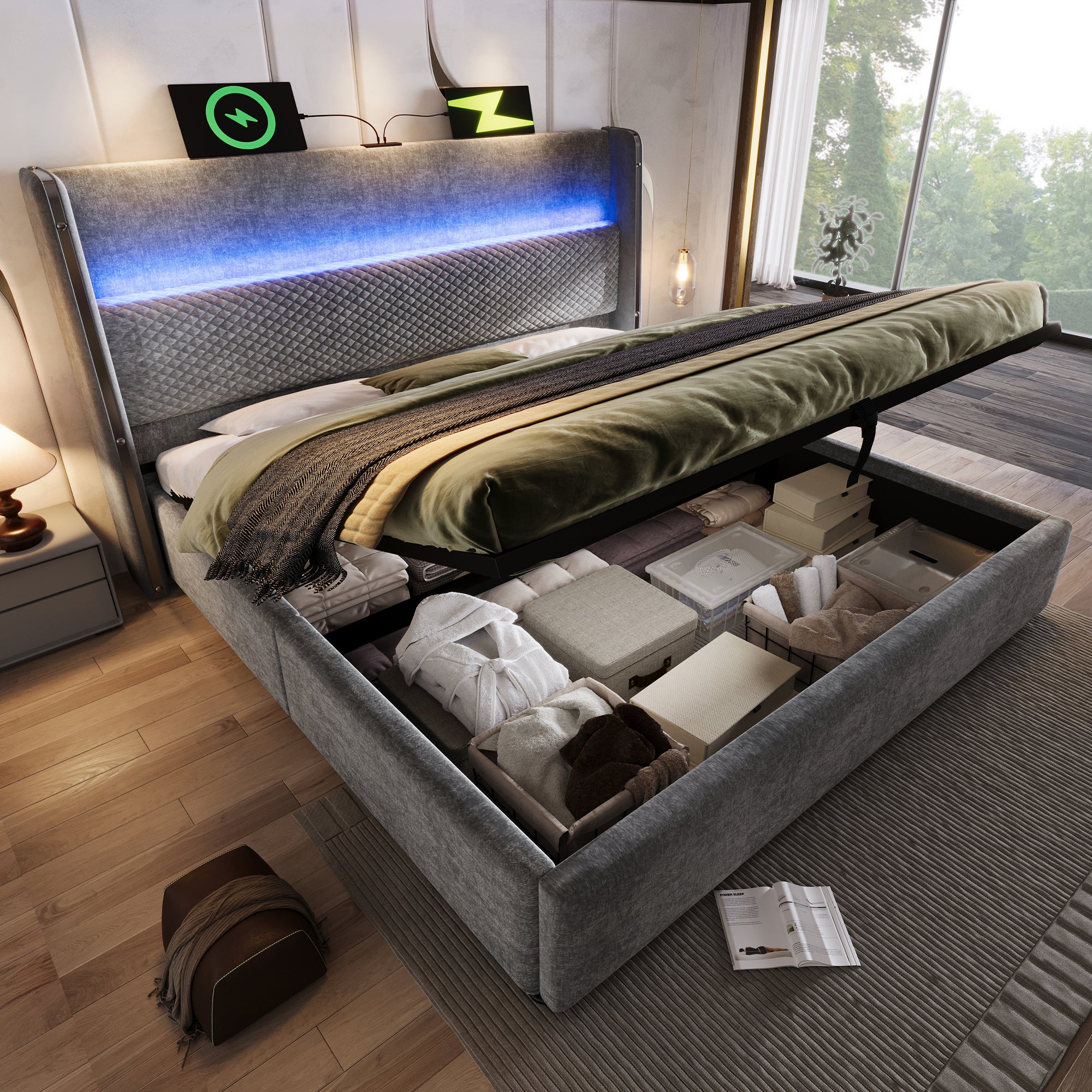 letto contenitore 140x200 cm testiera alta LED, stazione di ricarica USB/Type-C lino grigio senza materasso - 9