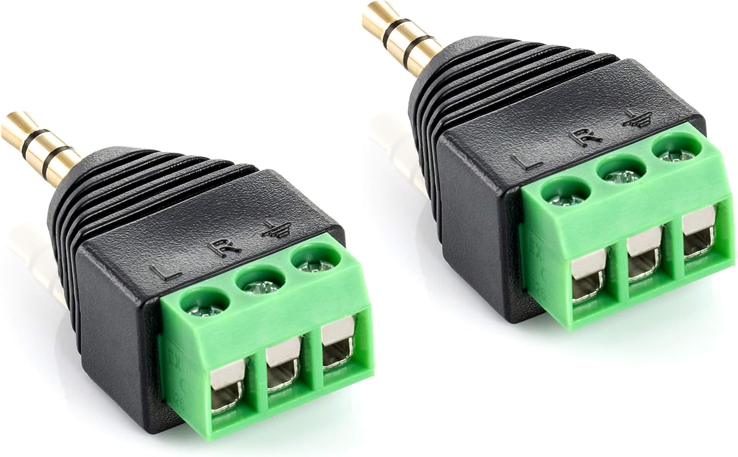 Wtyczka głośnikowa typu jack (adapter z wtykiem męskim 3,5 mm na 3-pinowy blok zaciskowy, złącze typu jack 3-biegunowe bez lutowania), 2 sztuki