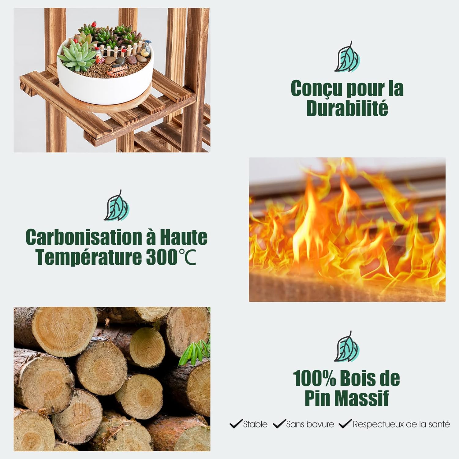 Porte-plantes à 6 Niveaux, Étagère à Fleurs en Bois de Pin, Support à Plantes pour Jardin, Balcon, Extérieur et Intérieur (6 Niveaux) - 4