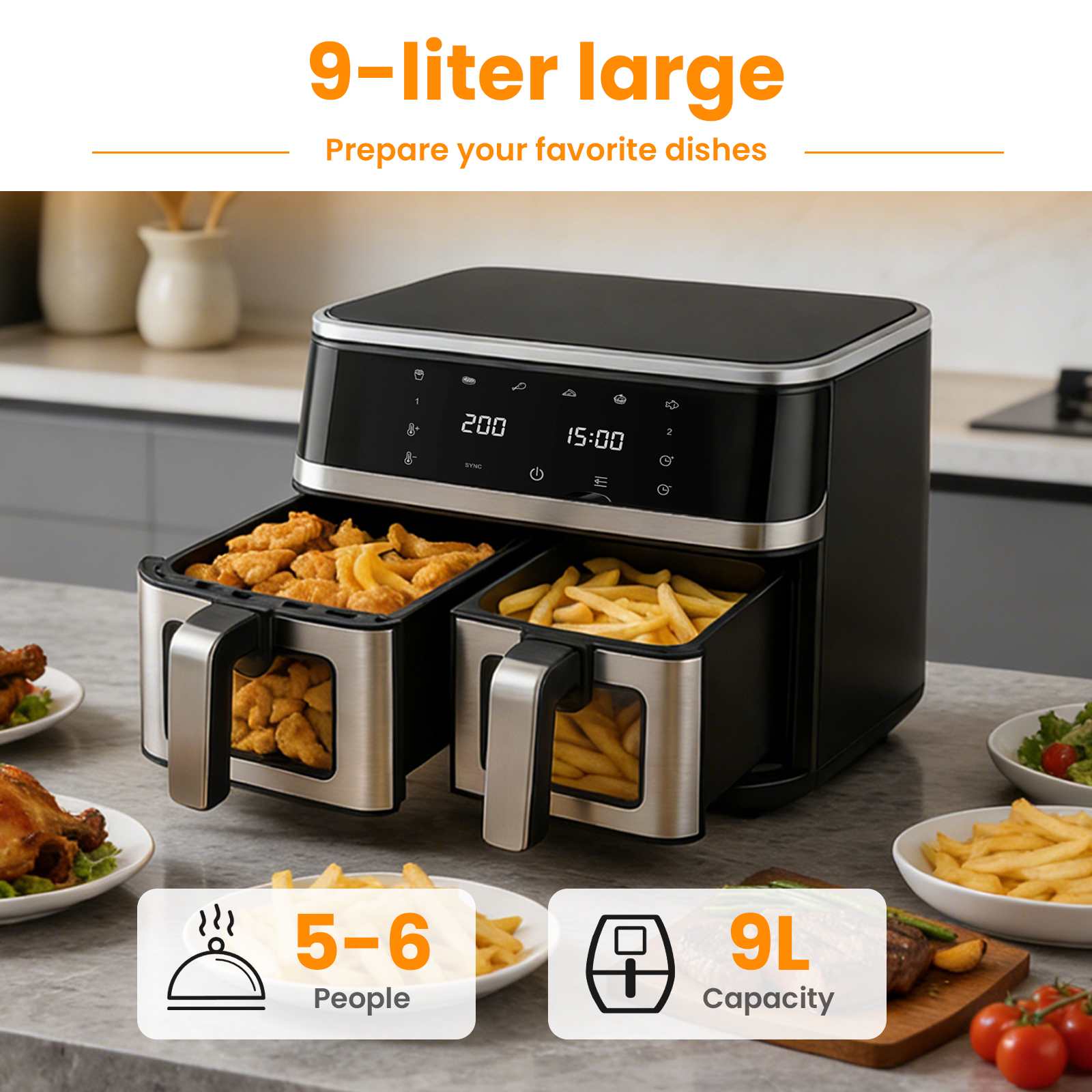 Friteuse à air 9L double compartiment écran tactile 12 programmes rapide saine famille - 2
