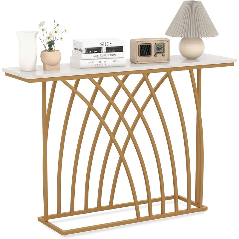 Stolik Konsolowy, Nowoczesny Stolik do Przedpokoju z Blatem Imitującym Marmur, Geometryczna Konstrukcja z Pozłacanego Metalu, 120 x 30 x 80 cm