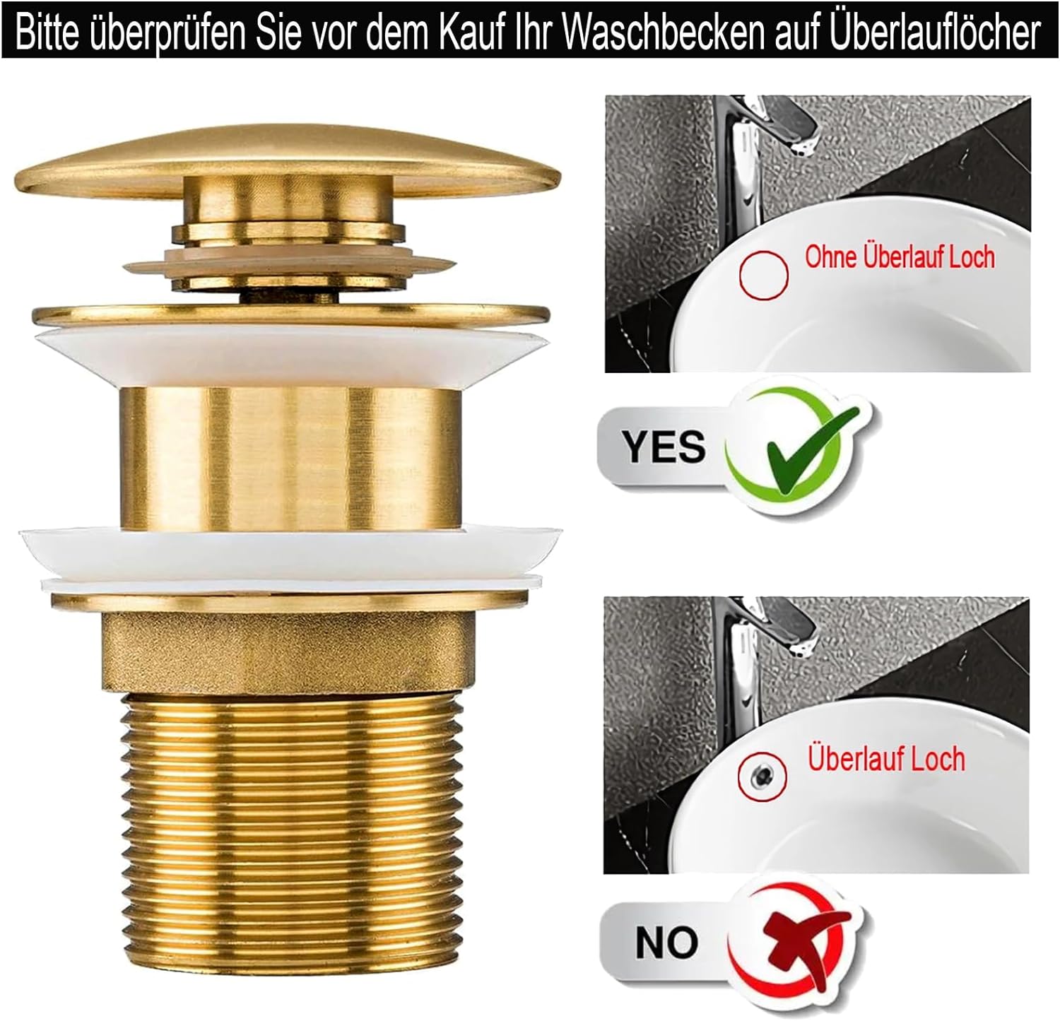 Bonde d'écoulement universelle pour lavabo et lavabo - Valve pop-up moderne - Valve de vidange avec trop-plein, laiton, acier inoxydable - 2