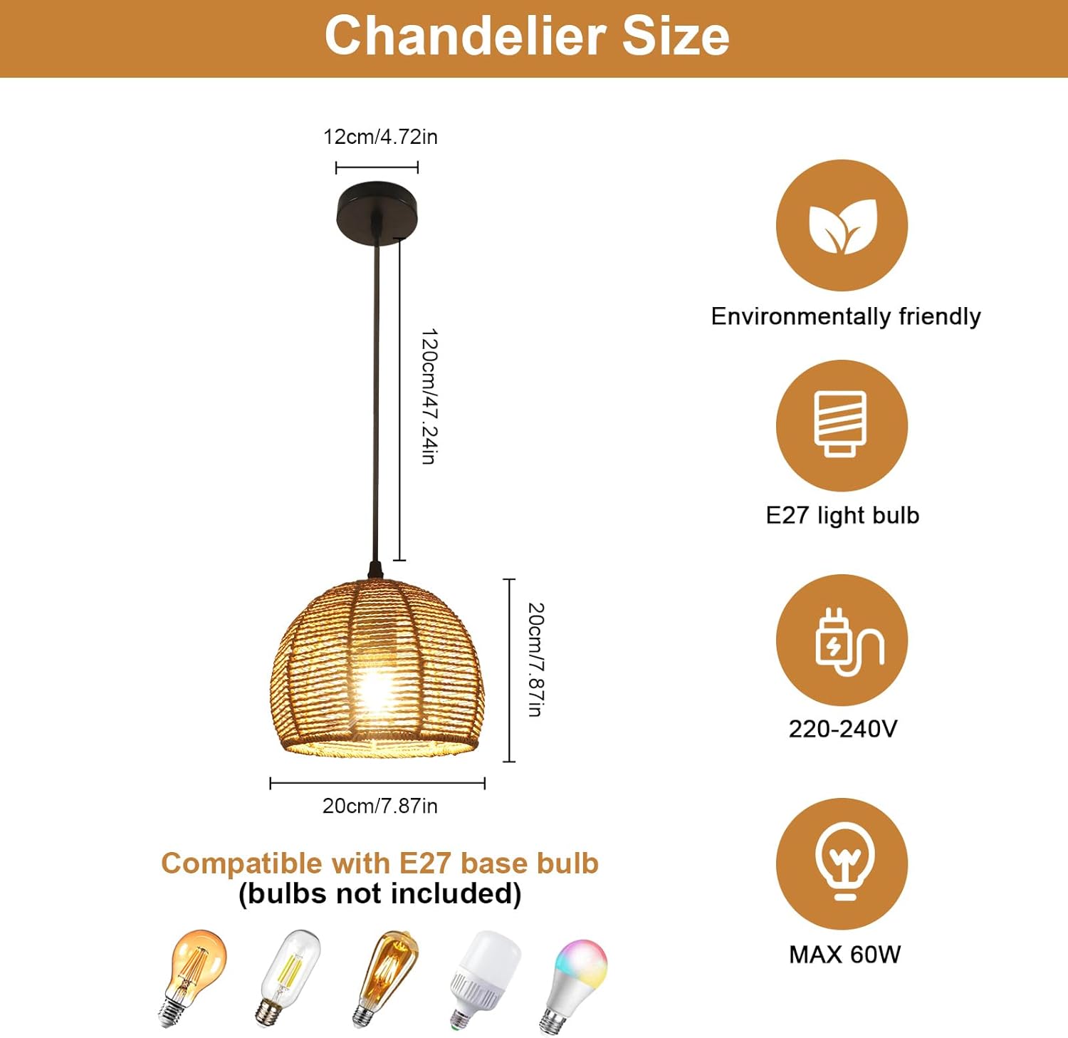 GLAMARIS Suspension Lustre Vintage, E27 Luminaire Plafonnier en Rotin, Rétro Lampe de Plafond Retro pour Salon Cuisine Chambre Café-bar (20CM) - 3