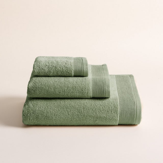 Jeu de 3 Serviettes Harmony Vert Clair - 1(30x50) + 1(50x100) + 1(70x140) - 100% Coton Zero Twist - 600 g/m² - Douces, Absorbantes et Séchage Rapide