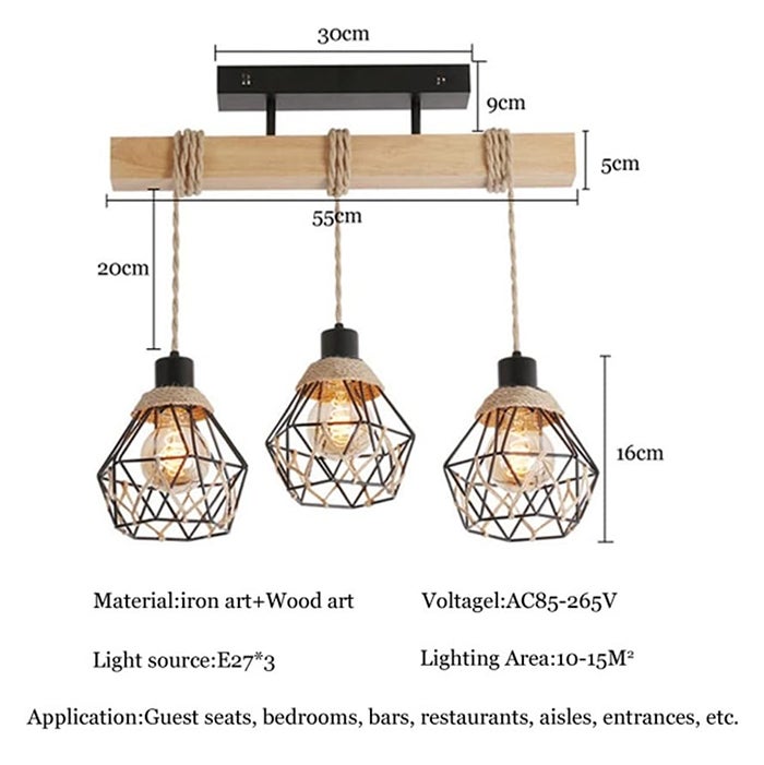 Lustre vintage, suspension à 3 têtes, plafonnier rustique, suspension en métal, éclairage d'îlot, hauteur réglable, 55 cm - 4