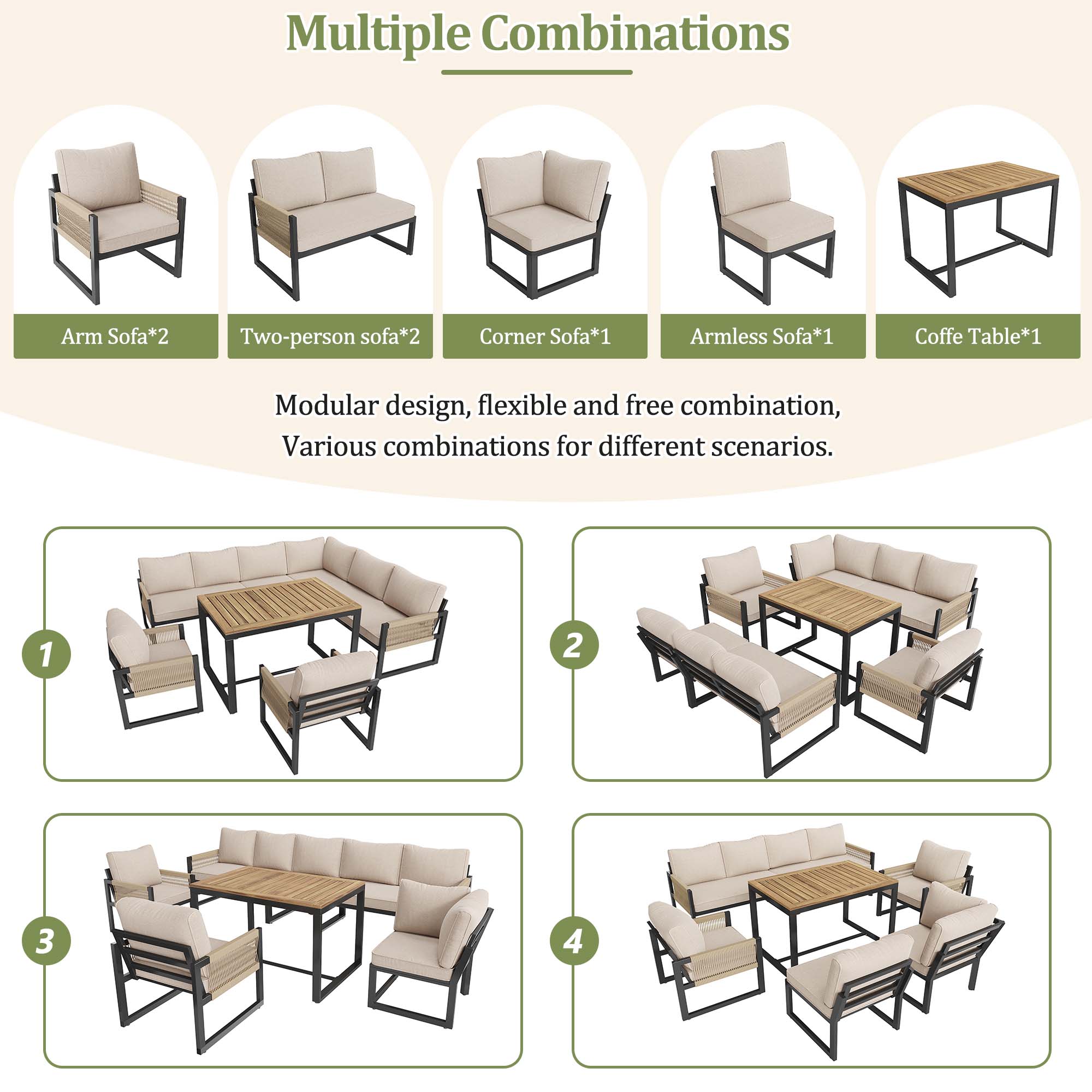 Ensemble de mobilier de jardin modulaire 7-8 personnes, résistant aux intempéries avec coussins confortables - 6