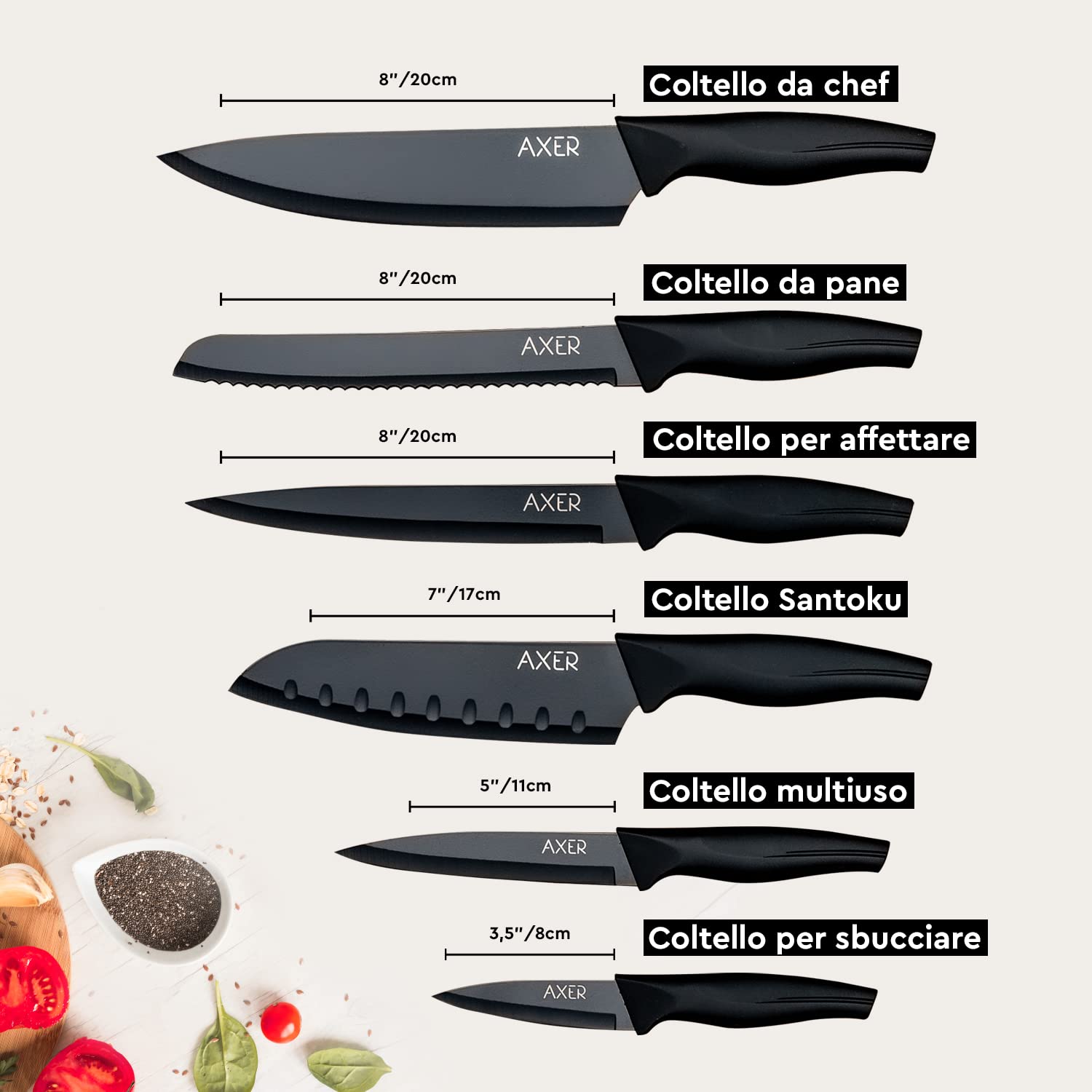 Set Di Coltelli Da Cucina Starrett 6 Pezzi In Acciaio Inox Con Mannaia E Pietra Affilante - Manici Ergonomici