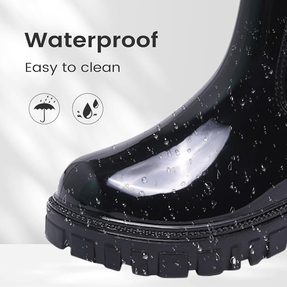 Bottes de Pluie Femme Courtes Botte Caoutchouc Antidérapant Chelsea Bottines Confortables Imperméable Chaussures pour Résistant à l'eau（Noir，38 EU） - 3
