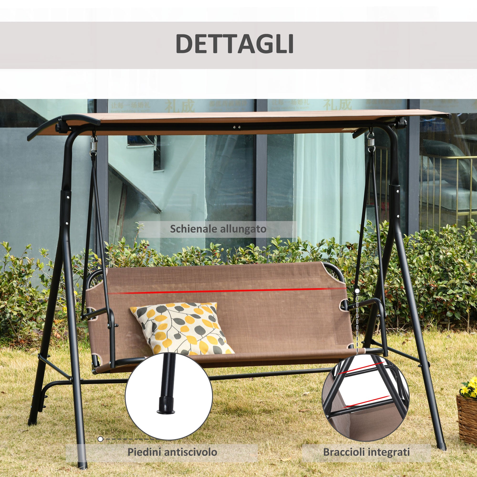 Balançoire de jardin en terrasse 2 places avec auvent solaire réglable, métal et marron Texteline 172x110x155cm pour la maison - 8