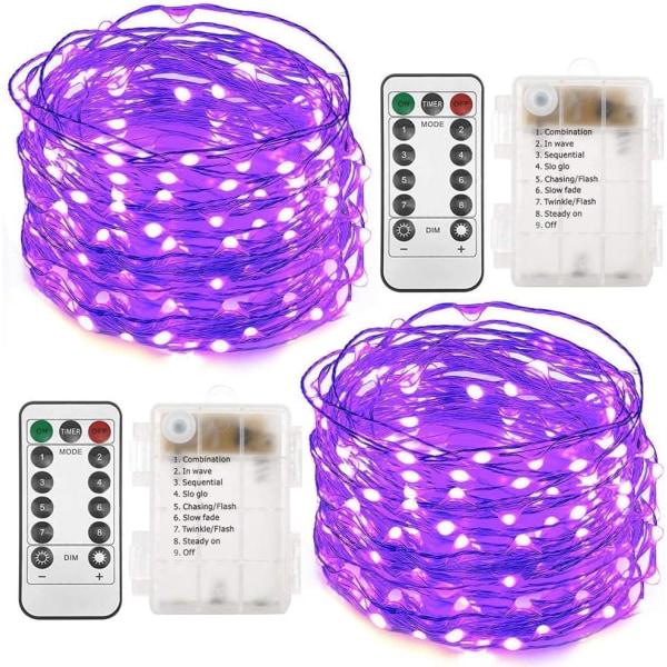 Zestaw 2 łańcuchów świetlnych na baterie, 10 m, 100 LED, pilot, timer, 8 trybów, 10 m, fioletowy