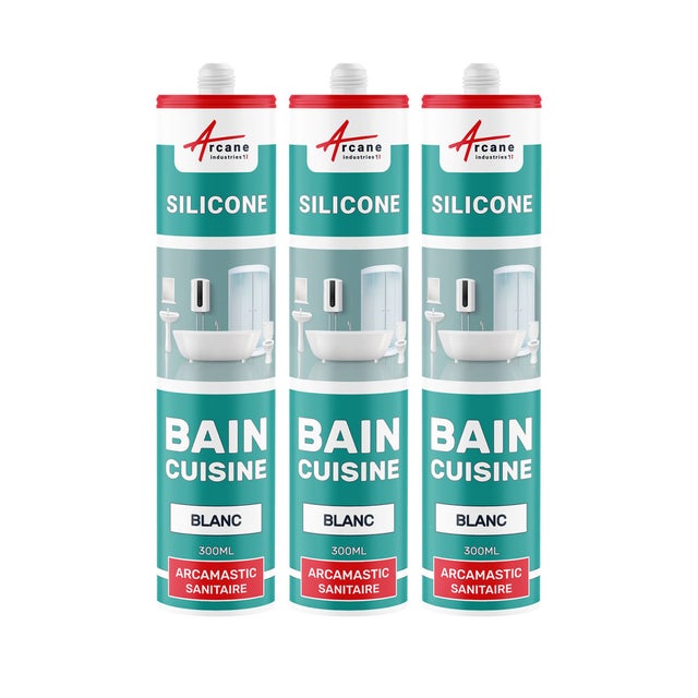 Mastic Silicone pour joints étanchéité douche, salle de bain, cuisine - ARCAMASTIC SANITAIRE Blanc - 300 ml x 3 - ARCANE INDUSTRIES