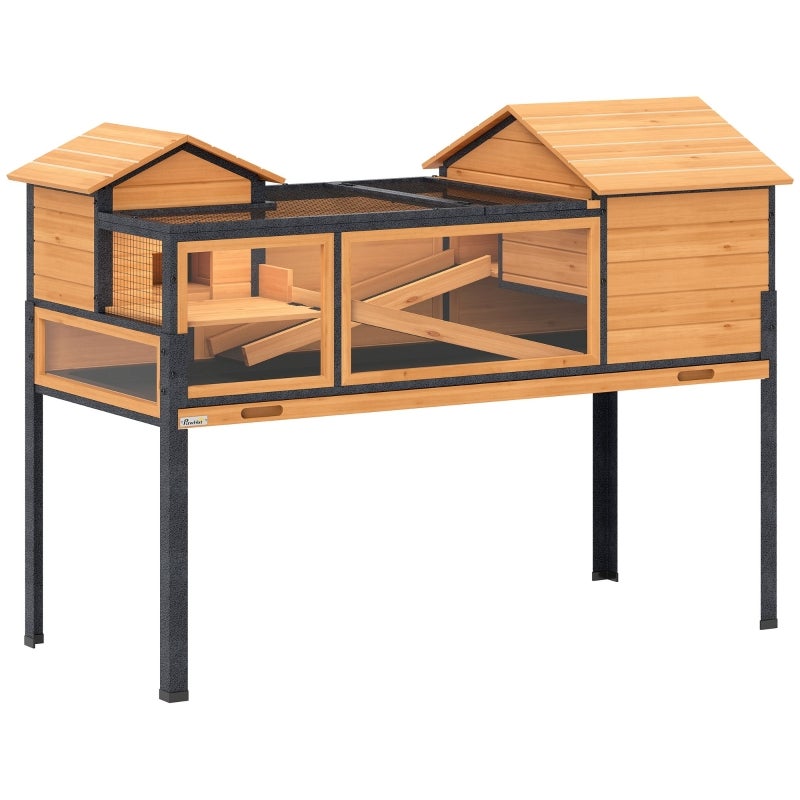Casa testoasa, incinta animale mici, 2 camere, 2 etaje, ferestre, rampe, accesorii, lemn, otel, galben, 128 x 63 x 96 cm