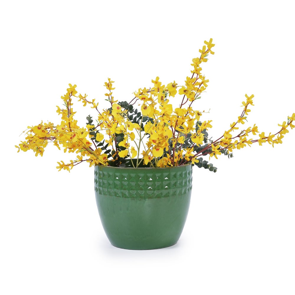 Set de 3 macetas de cerámica hechas a mano, patrón rombo verde, drenaje integrado, resistente interior/exterior Ø38/30/23 cm - 9
