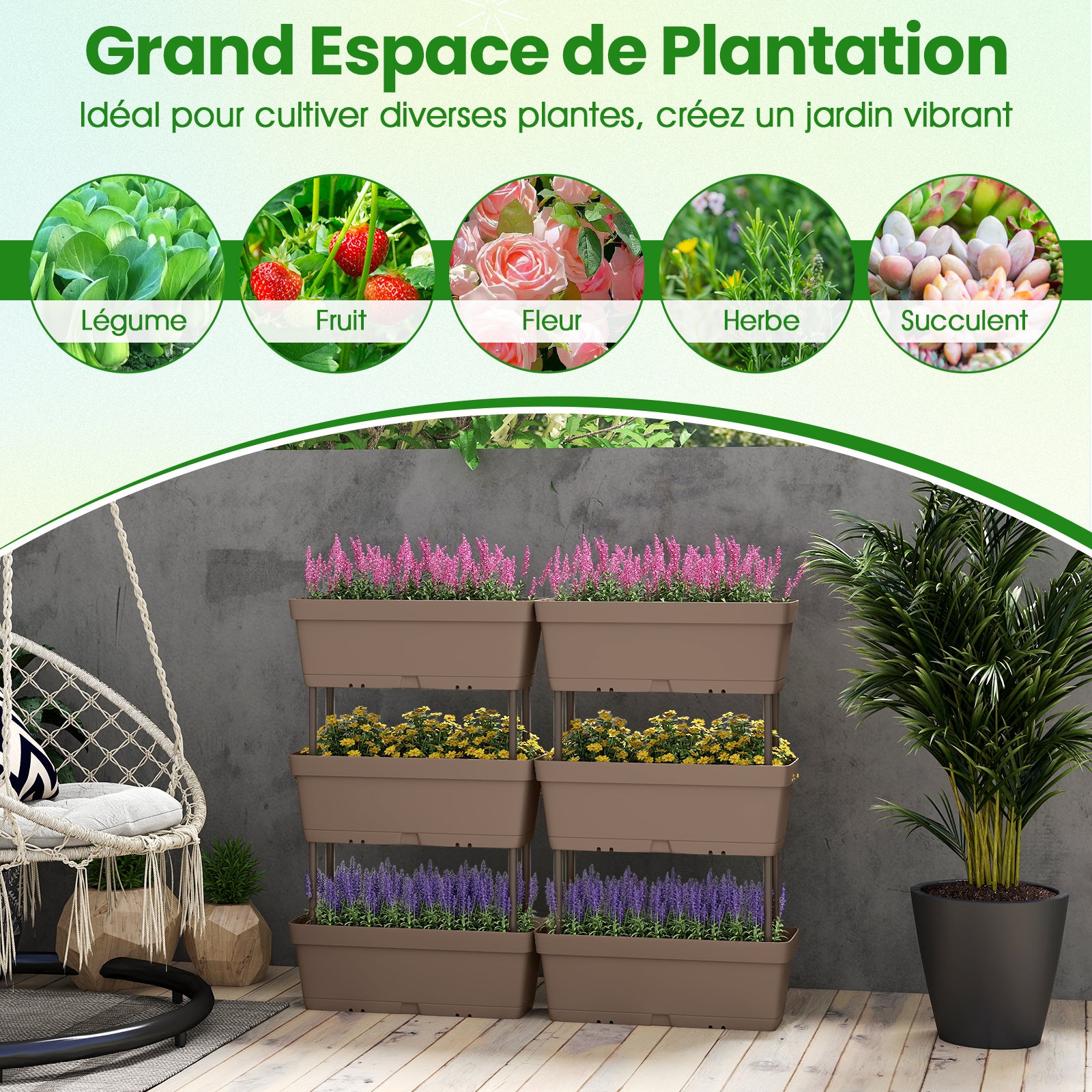 Jardinière Surélevée Vertical avec 6 Bacs de Plantation Trous de Drainage, Lit de Jardin Arrangement DIY pour Fruits Légumes Fleurs Herbes, Gris - 8