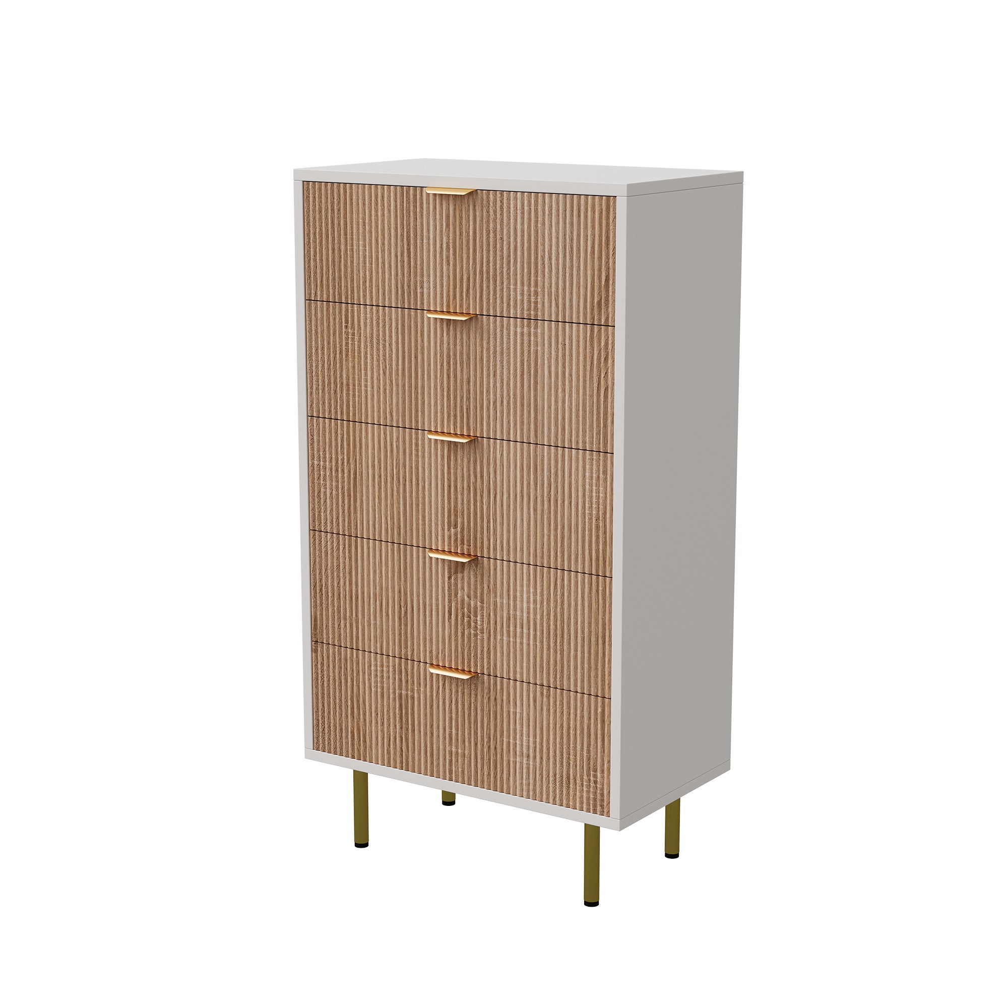 Commode 5 tiroirs finition rayée, Chiffonnier, Poignée dorée et Jambes dorées - design bicolore - L60 x l34 x H109 cm - couleur bois naturel - 9