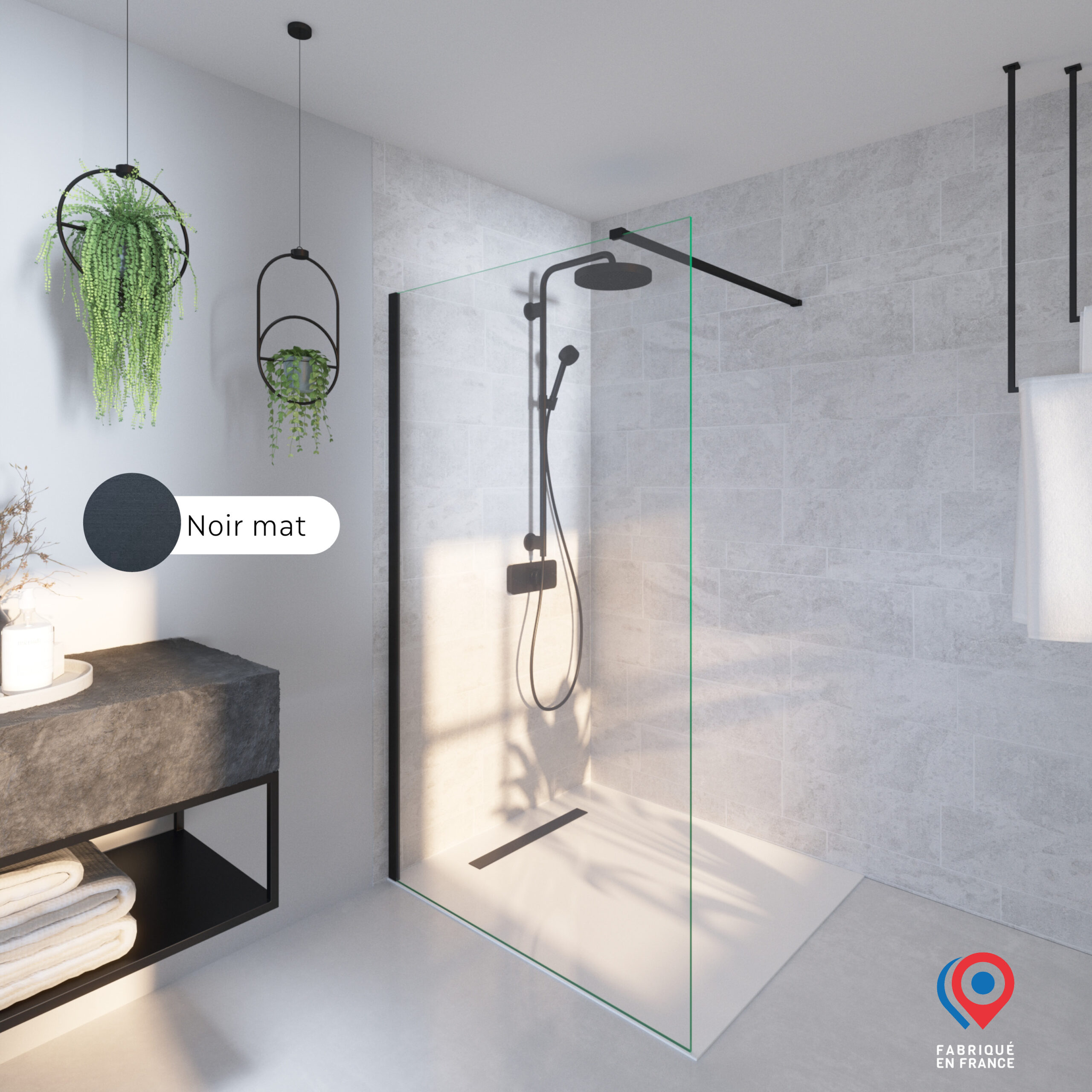Kit Paroi de douche transparente + Rail Noir Baléares H.198 x L.120 cm Fabrication