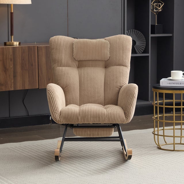 Fauteuil à Bascule Avec Repose-Pieds En Velours - Rocking Chair Allaitement Avec Dossier Haut Et Coussin Lombaire