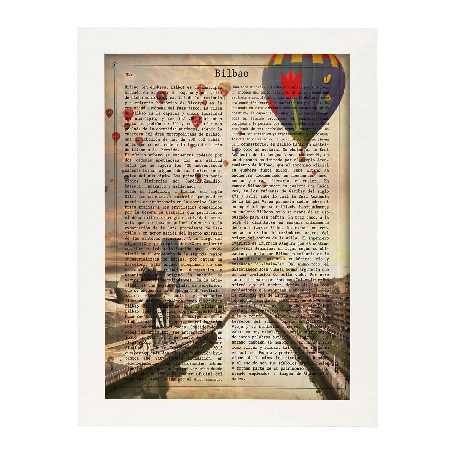 Lamina ciudad de bilbao. estilo vintage. ilustracion, fotografia y collage con la historia de bilbao. marco negro - a3