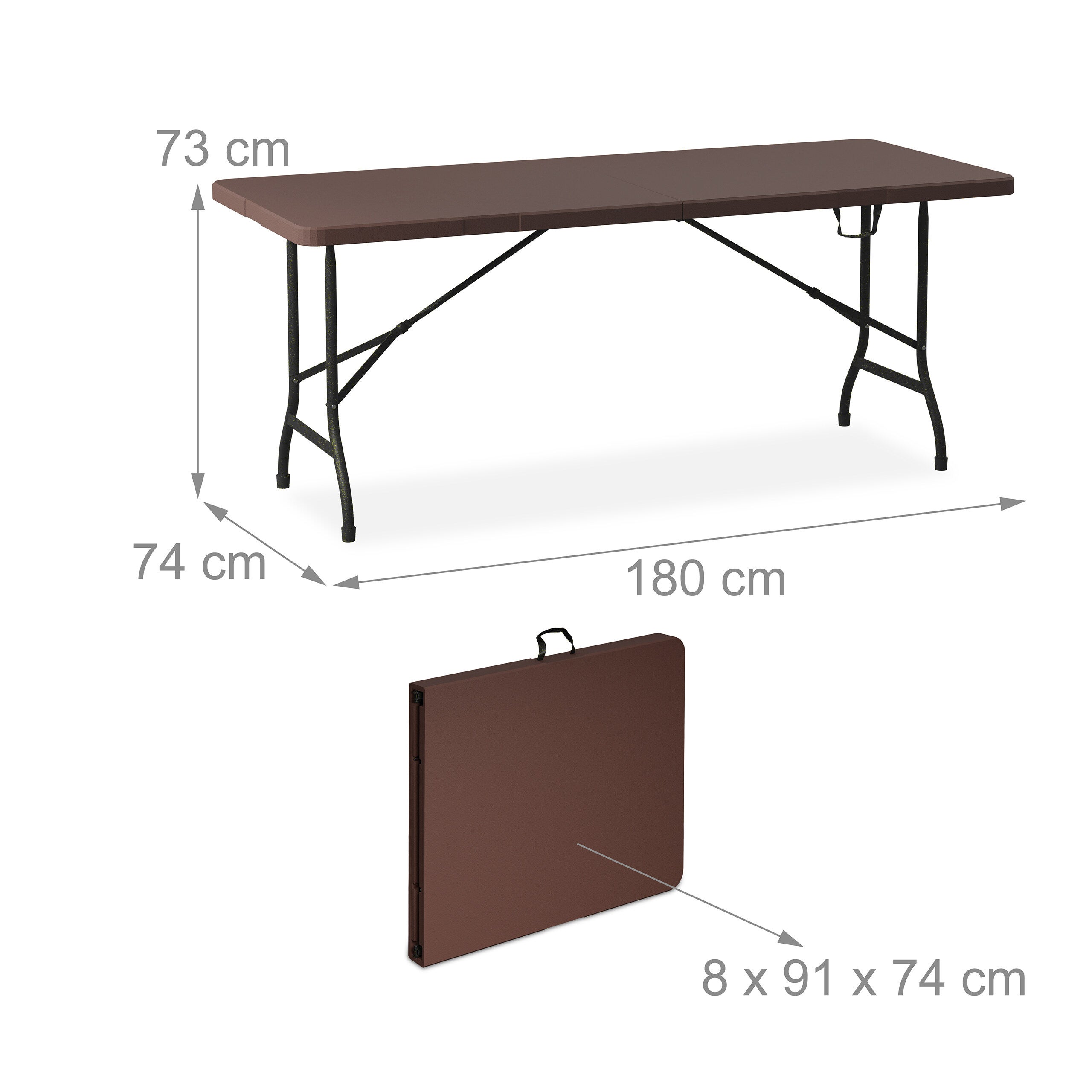 Conjunto de cervejaria dobrável, 3 peças, mesa de 180 cm e 2 bancos, PE e aço, para jardim, castanho, Relaxdays - 4