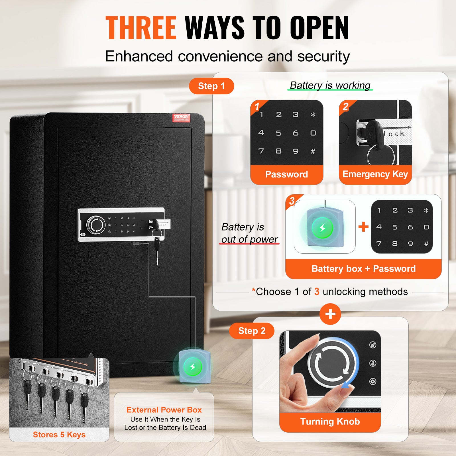 Coffre-fort 113L à une porte,2 façons de déverrouiller,clé et combinaison,sac ignifuge,porte-clés,2 étagères pour ranger les objets valeur VEVOR - 3