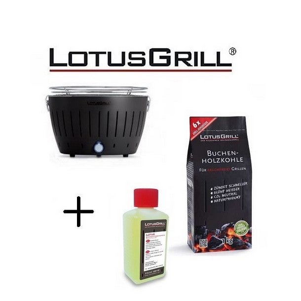 Barbecue Nero con Batterie e Cavo di Alimentazione USB + 1Kg di Carbonella di Faggio + Gel Combustibile Inodore per Barbecue 200ml -Lotus Grill