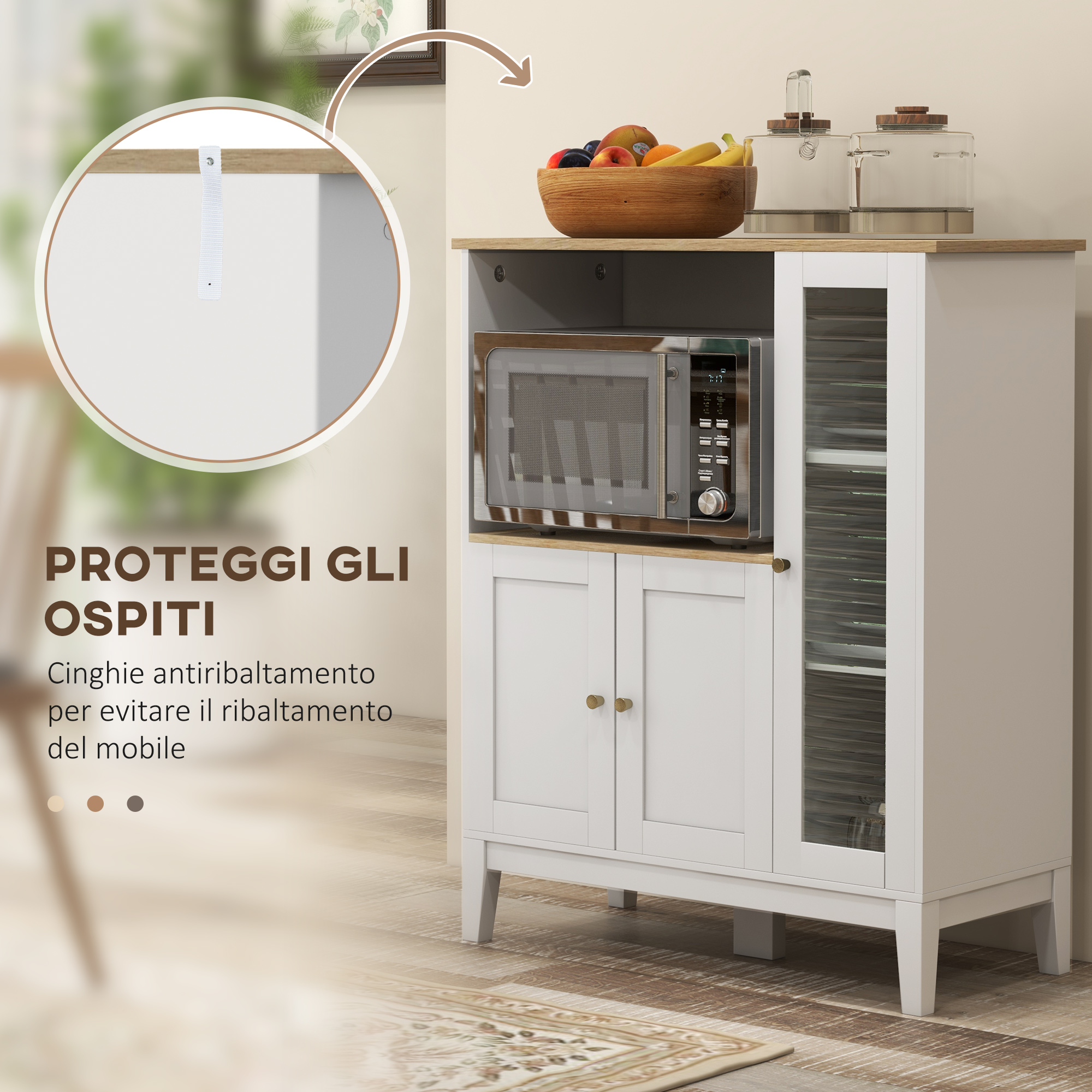 HOMCOM Mobile Microonde con Armadietto Inferiore e 3 Ripiani Laterali con Anta in Vetro, in Legno, 80x35x97 cm, Bianco - 7