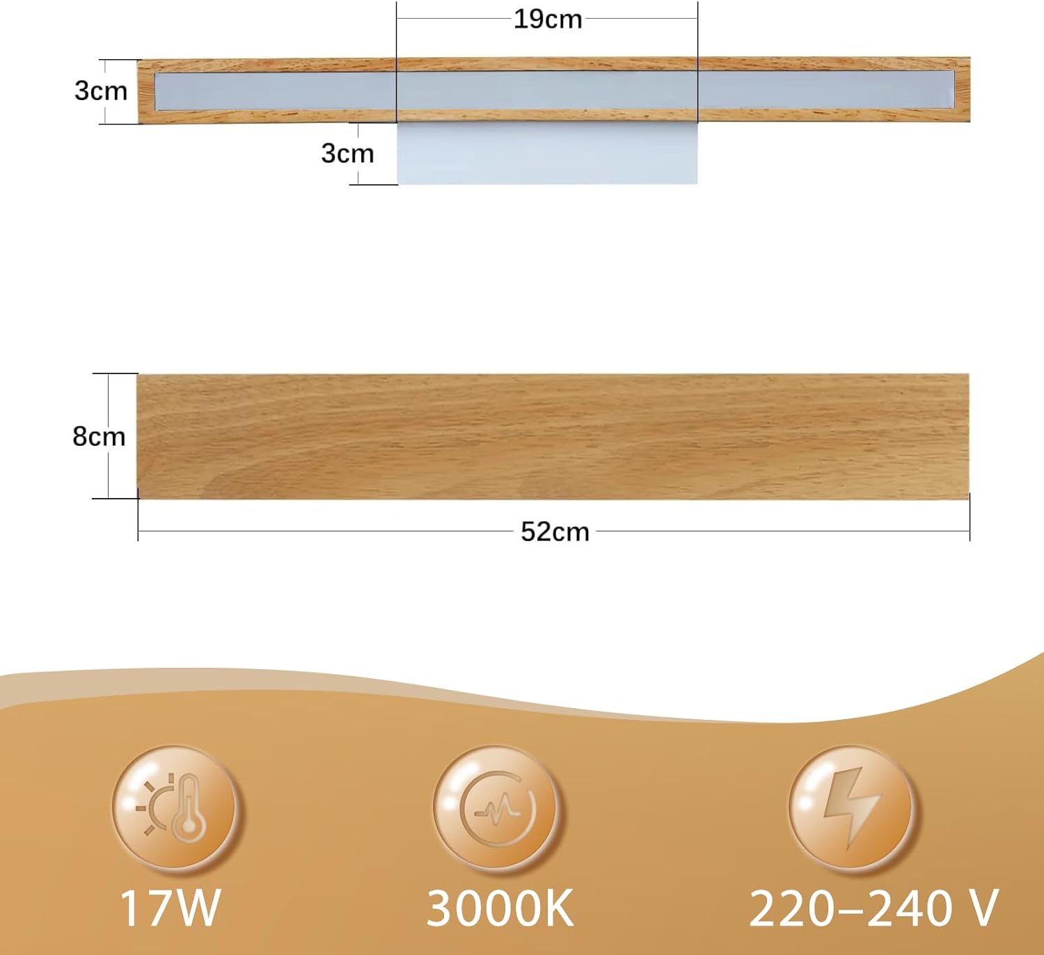 NETTLIFE Applique LED 52cm Legno Moderna, Design Su e Giù 17W Bianco Caldo 3000K, Luce Indiretta per Soggiorno Camera da Letto Corridoio Scale - 4