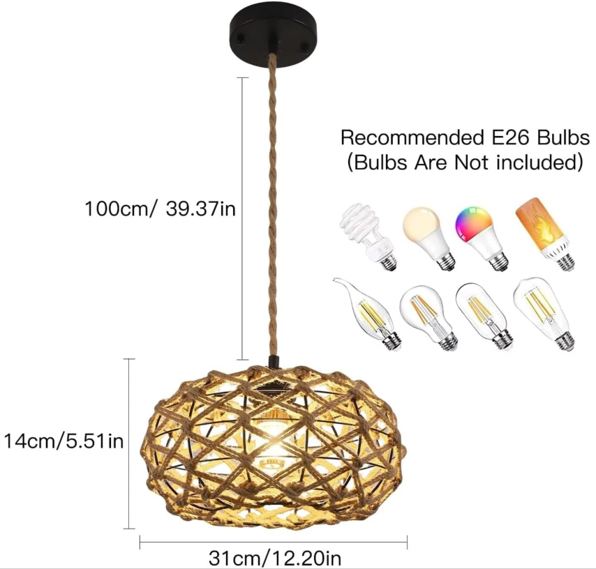 COMELY Suspension Rotin Bohème E27, Luminaire Suspension Rotin Tressé Hauteur Réglable, Lampe Suspension Naturelle pour Salon Chambre Salle à Manger - 5
