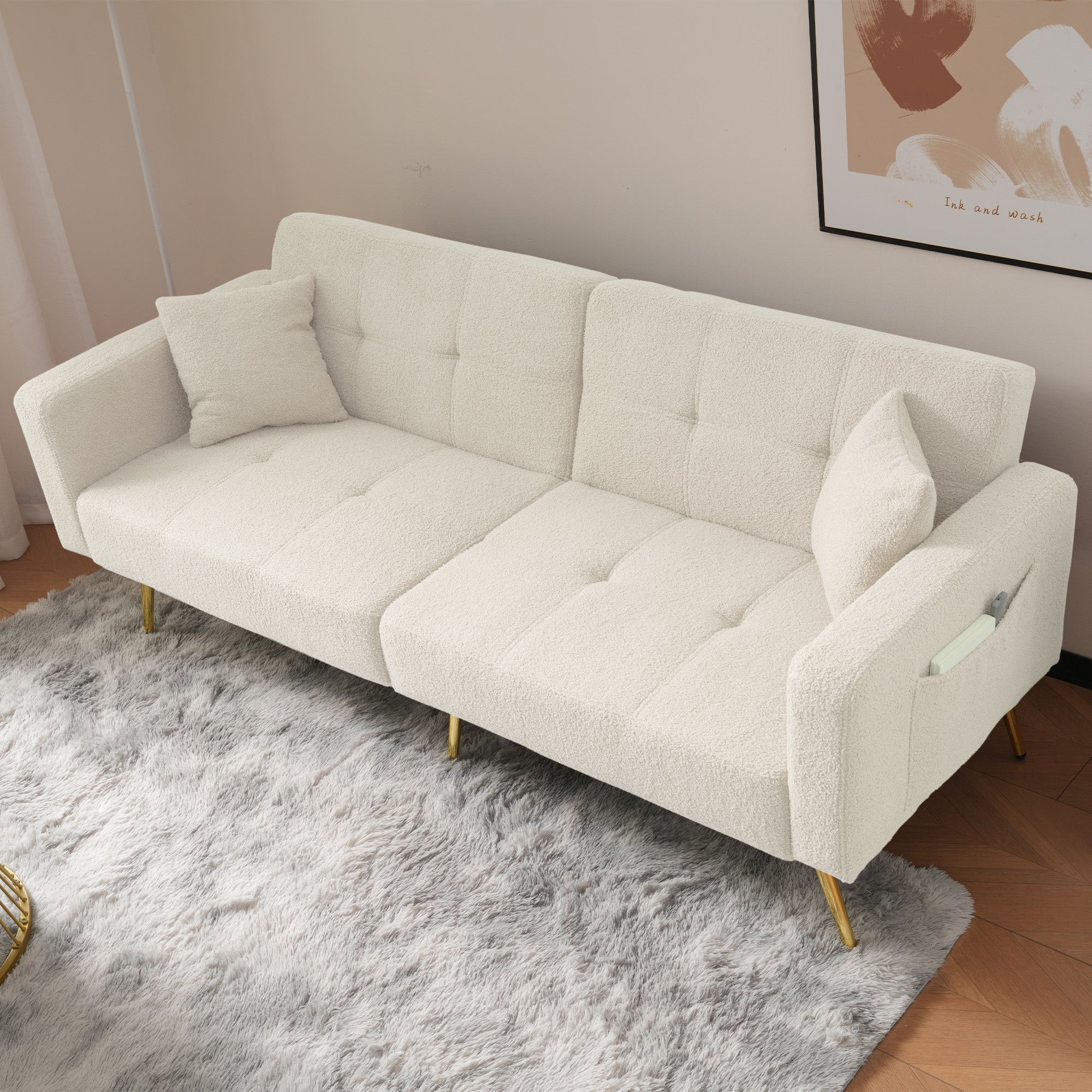 Divano letto trasformabile a 2 posti in tessuto Sherpa - 175 x 64 x 72 cm - Gambe in metallo dorato - Bianco - 7