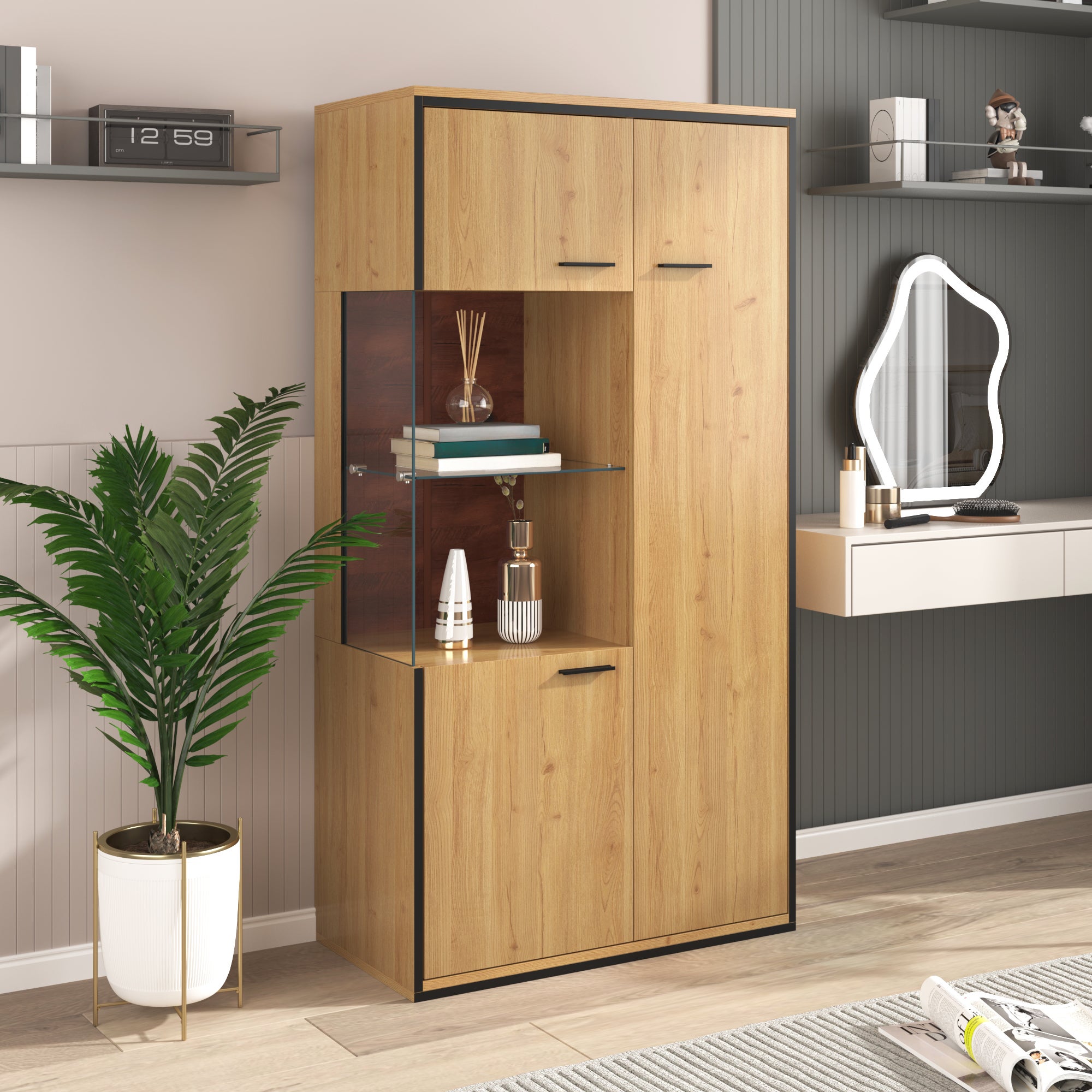 Vetrina in stile scandinavo con LED - 3 ante 8 scomparti - Naturale - 3