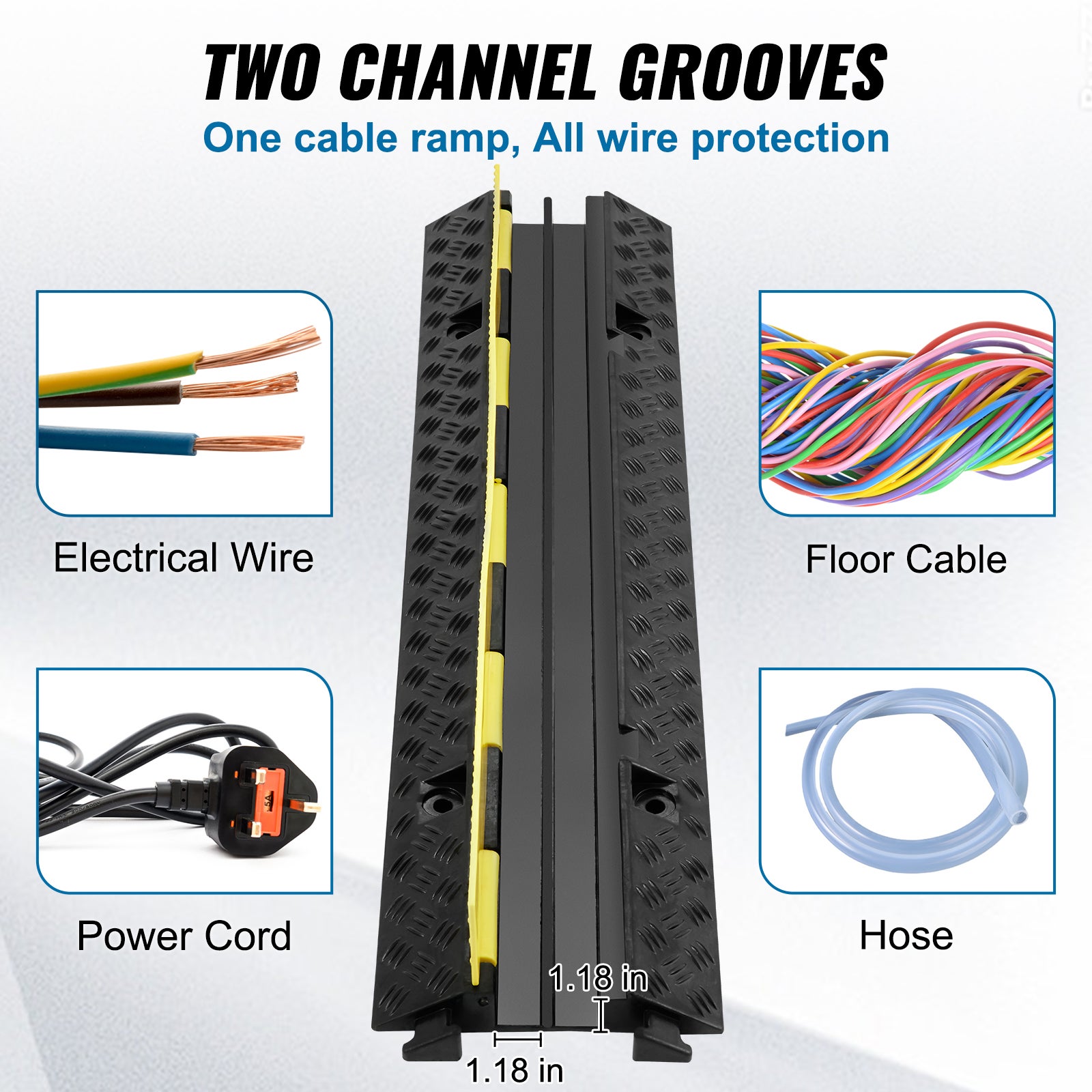 Rampe Protection Cable VEVOR 3PCS 2 Canaux Passage Cable au Sol Charge 5443 kg/Axe Caoutchouc PVC Passe Cable Ralentisseur Modulaire Rabattable Ruban - 3