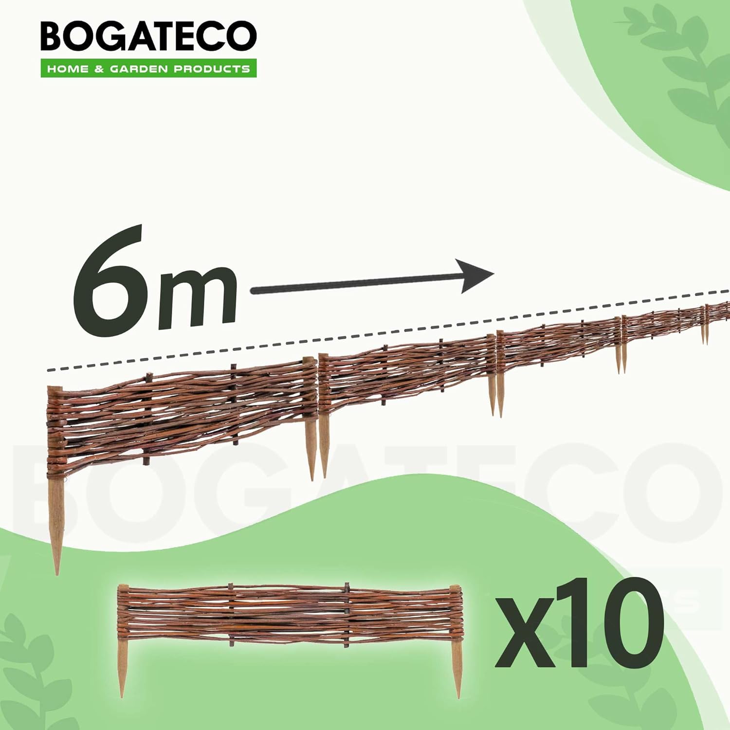 10 x Bordure clôture en osier BOGATECO en saule | 60 cm de longueur et 10 cm de hauteur | Bordure de pelouse de clôture en bois - 2