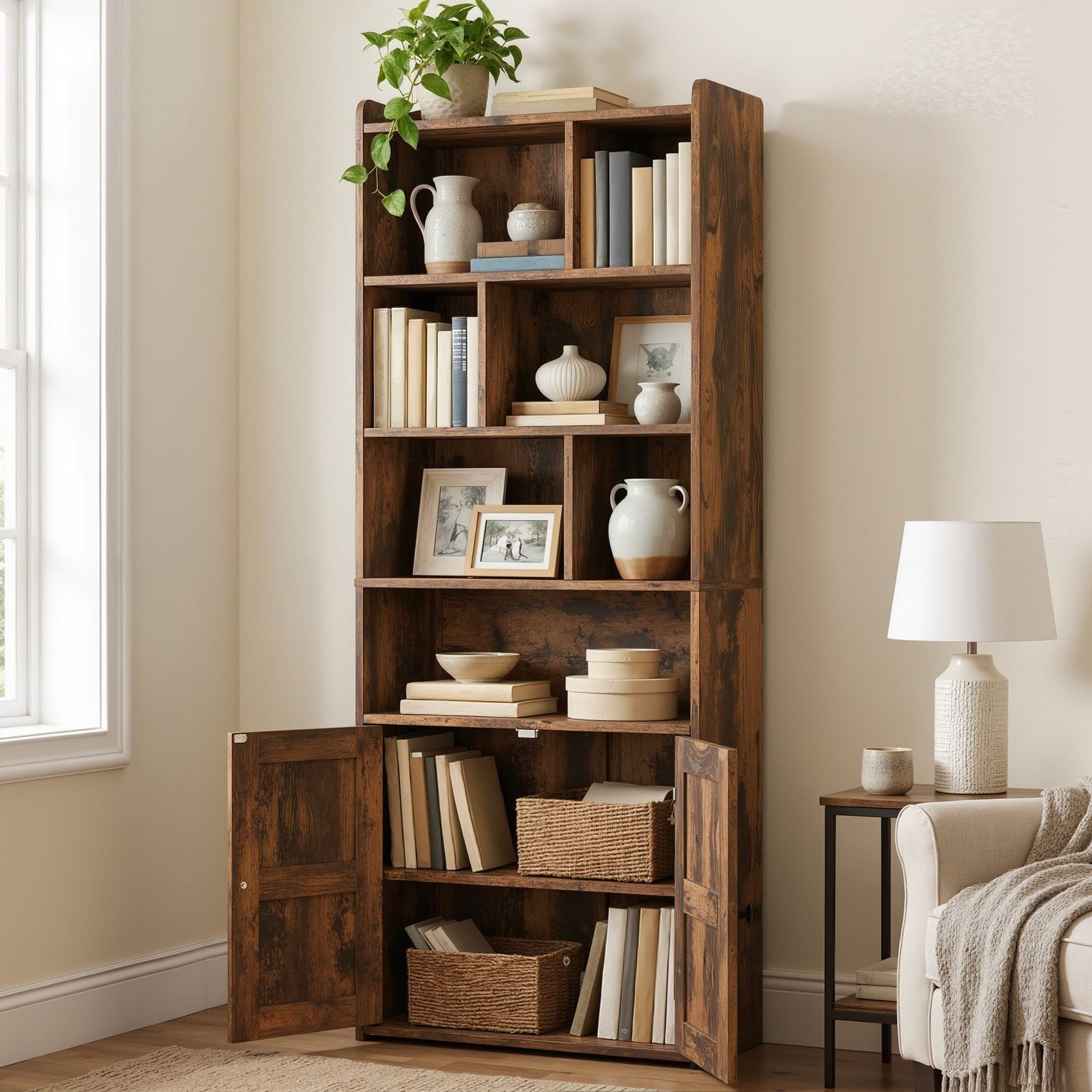 Balconera Bibliothèque à 4 étagères - avec portes et placards - avec compartiments ouverts - marron rustique - 60 x 30 x 159 cm - 7