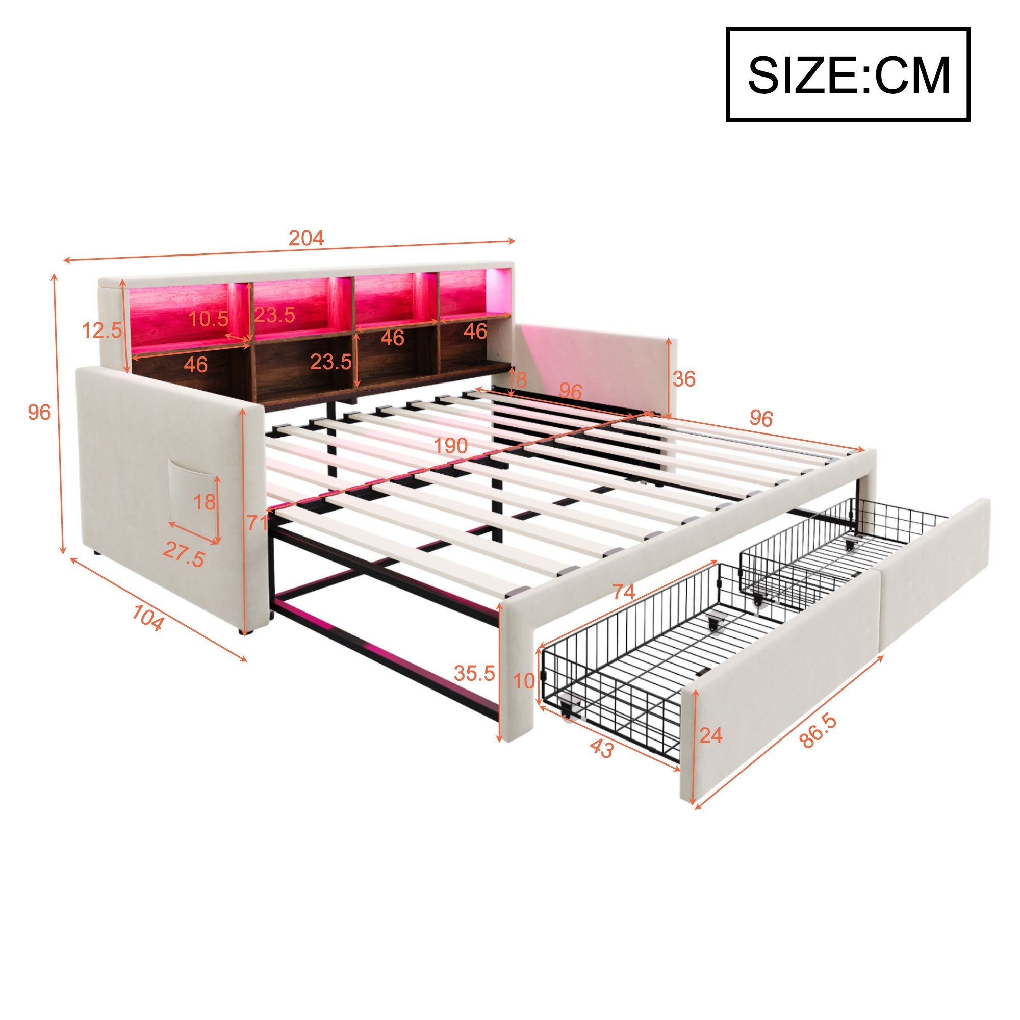 Rozkładana sofa z poduszkami 90x190 cm - Oświetlenie LED - z gniazdem ładowania - dwie szuflady - stelaż lamelowy - welur - beżowy - 5